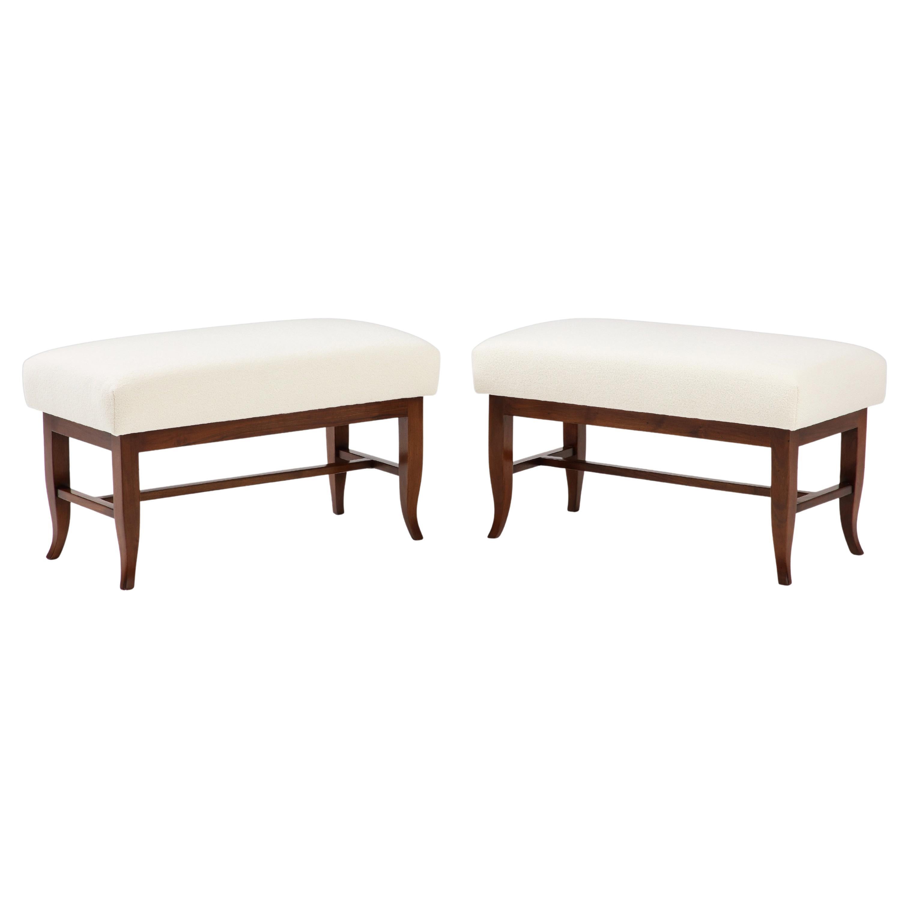 Gio Ponti Rare Pair of Benches in Walnut and Ivory Bouclé, Italy, 1930s