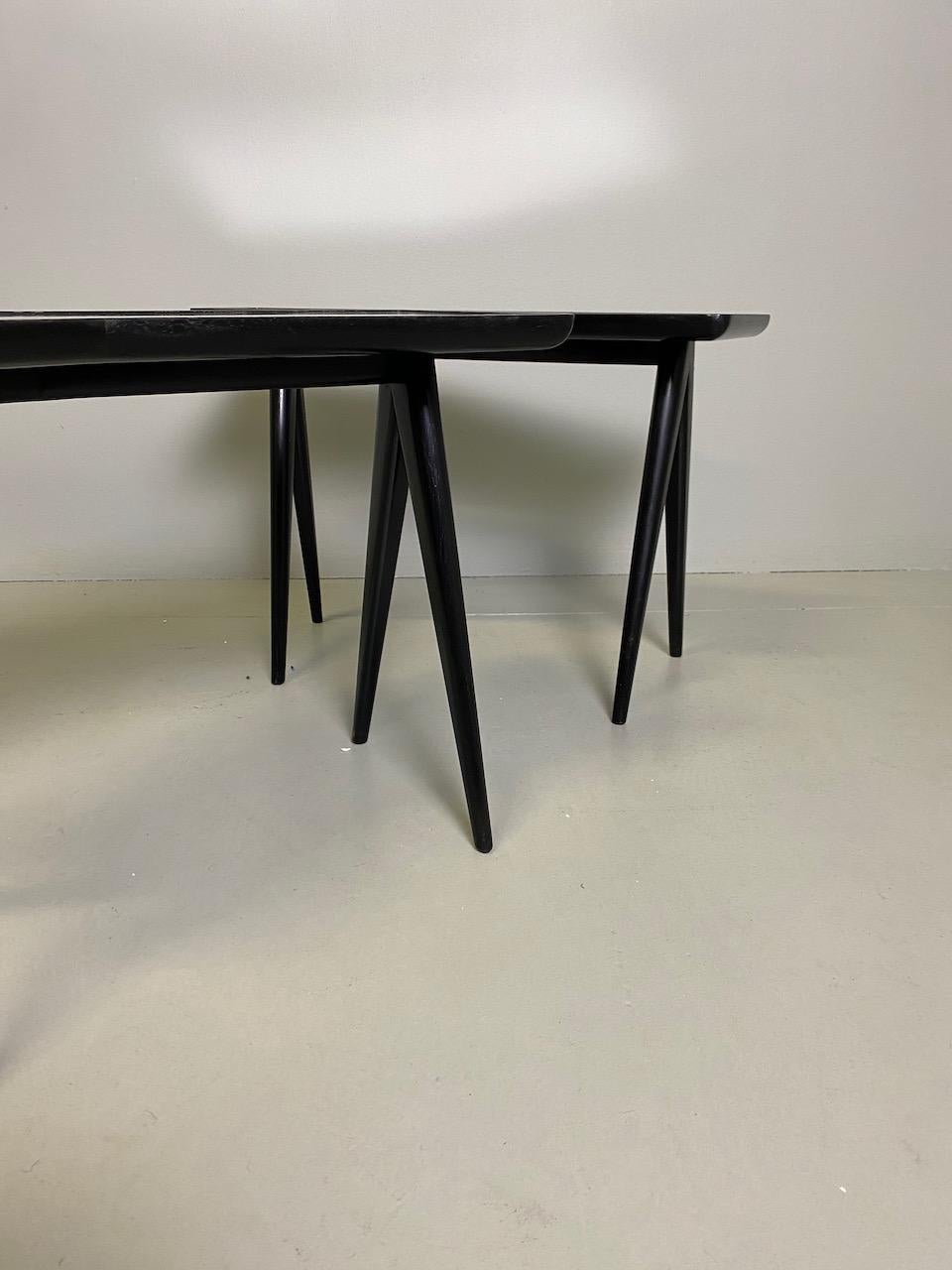 Gio Ponti Pair of black lacquered Walnut Side Tables Mirrored Glass Tops 7