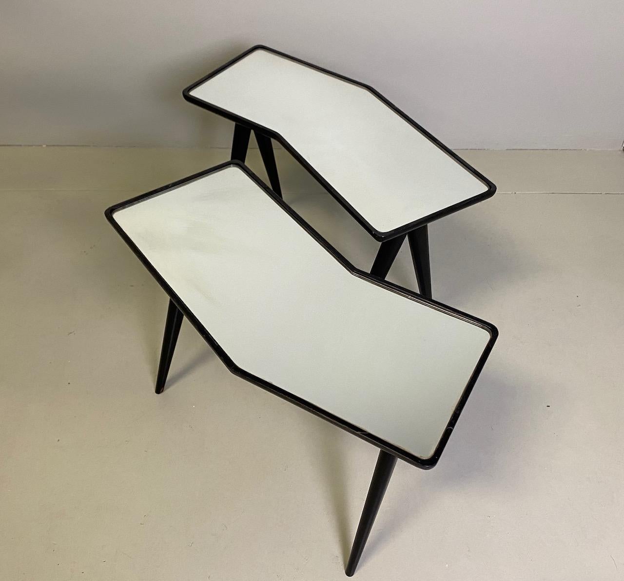 Italian Gio Ponti Pair of black lacquered Walnut Side Tables Mirrored Glass Tops