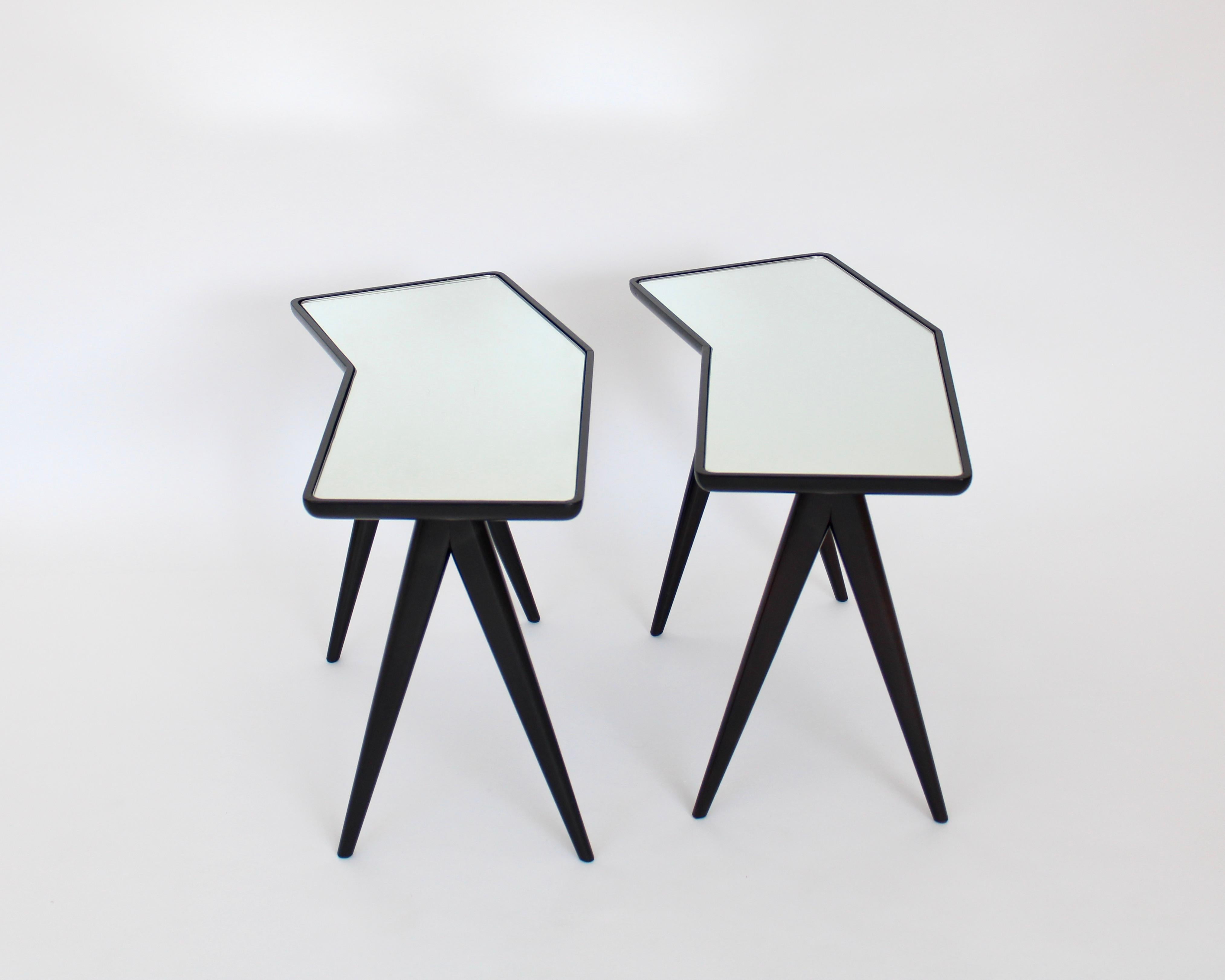Gio Ponti Pair of Black Side Tables Mirrored Glass Tops Asymmetrical Forms 2