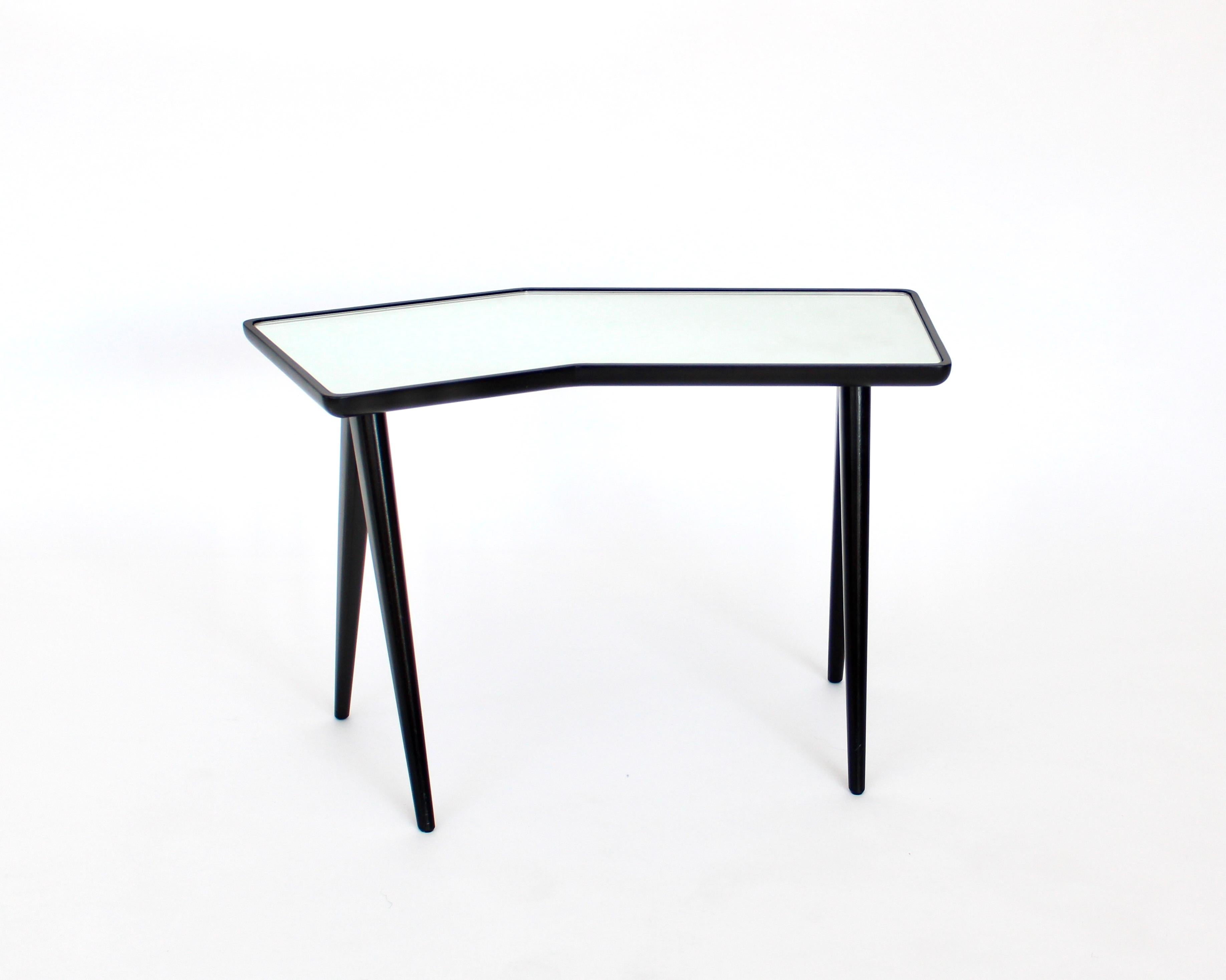 Mid-Century Modern Gio Ponti Pair of Black Side Tables Mirrored Glass Tops Asymmetrical Forms
