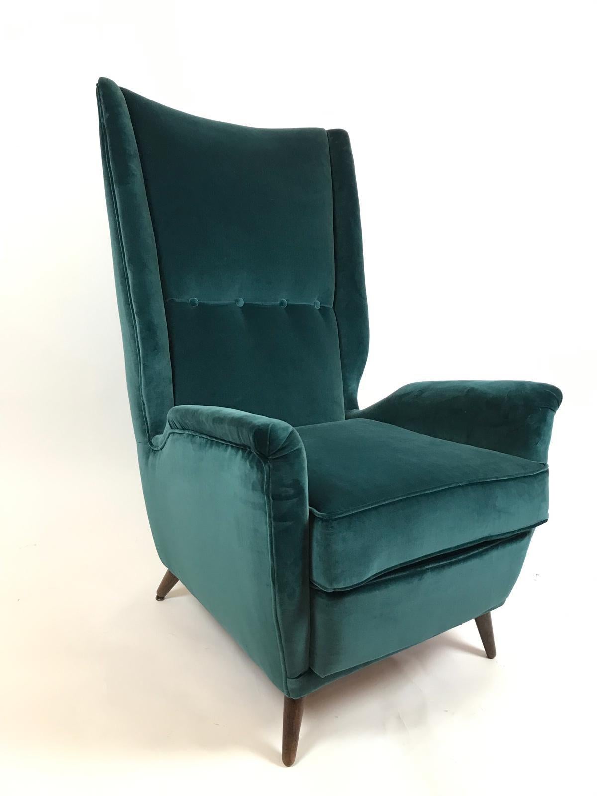 Mid-Century Modern Gio Ponti Pair of High Back Armchairs Newly Upholstered in Teal Velvet
