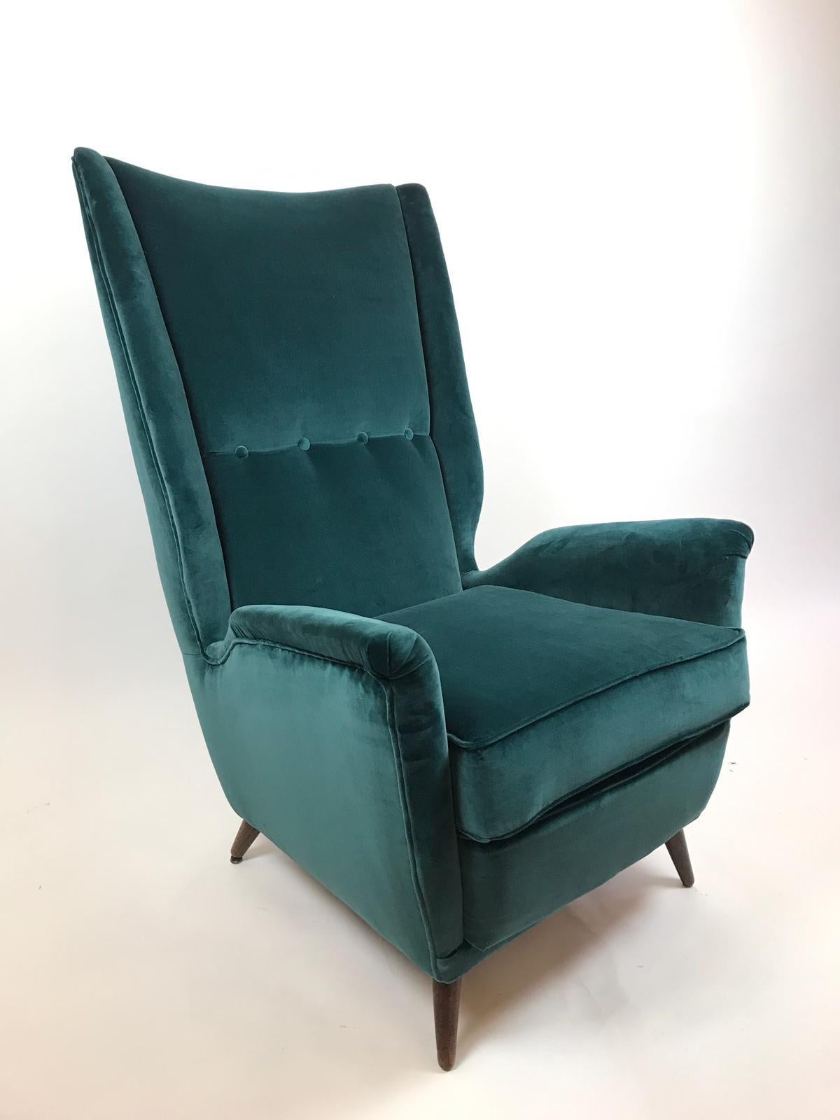 Hand-Crafted Gio Ponti Pair of High Back Armchairs Newly Upholstered in Teal Velvet