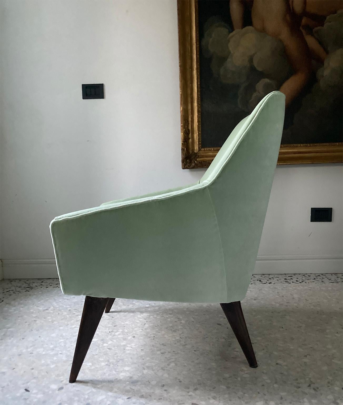 Italian Gio Ponti Pair of Certified Rare Armchairs in Light Green Velvet, Italy 1960s For Sale
