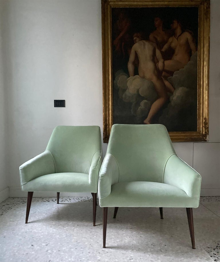 Mid-20th Century Gio Ponti Pair of Rare Armchairs Light Green Velvet, Italy 1960 Ca. Certified For Sale