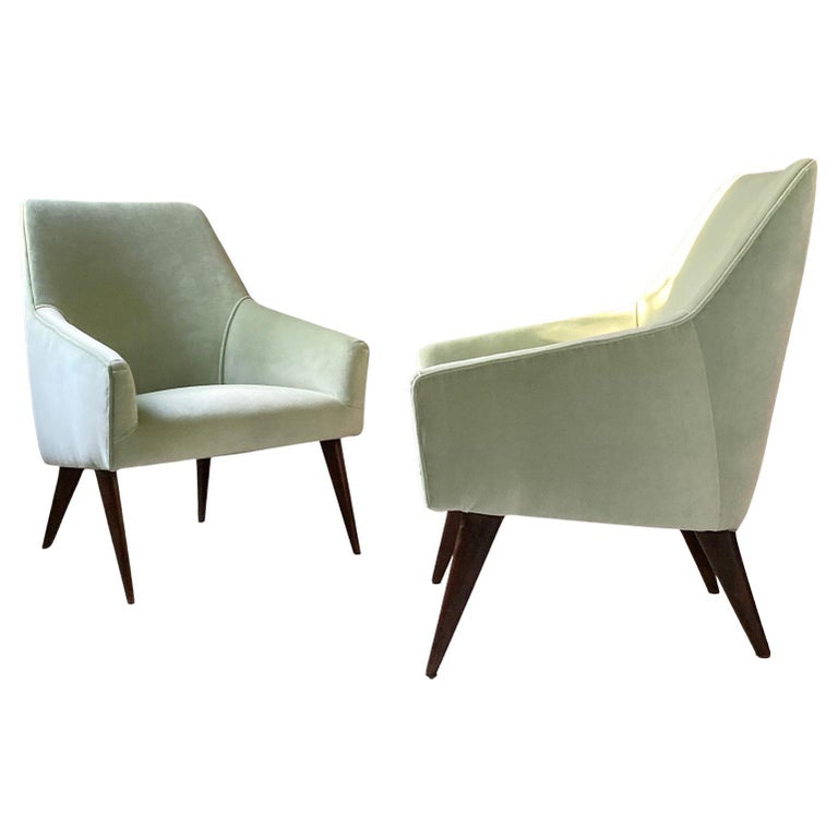 Gio Ponti Pair of Rare Armchairs Light Green Velvet, Italy 1960 Ca. Certified For Sale