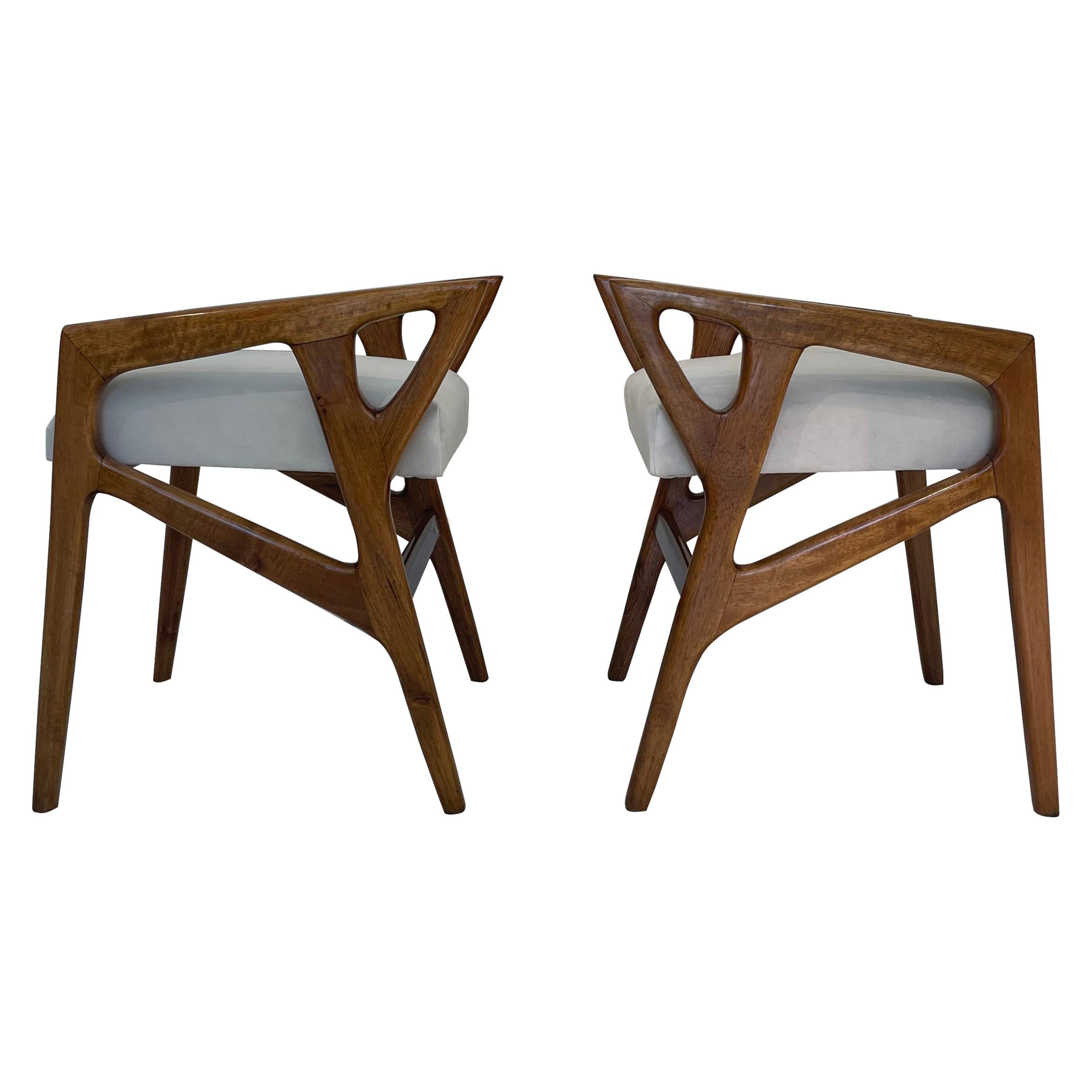 Gio Ponti Pair Of Stools Walnut Wood White Seat Italy 1953 Excellent Patina