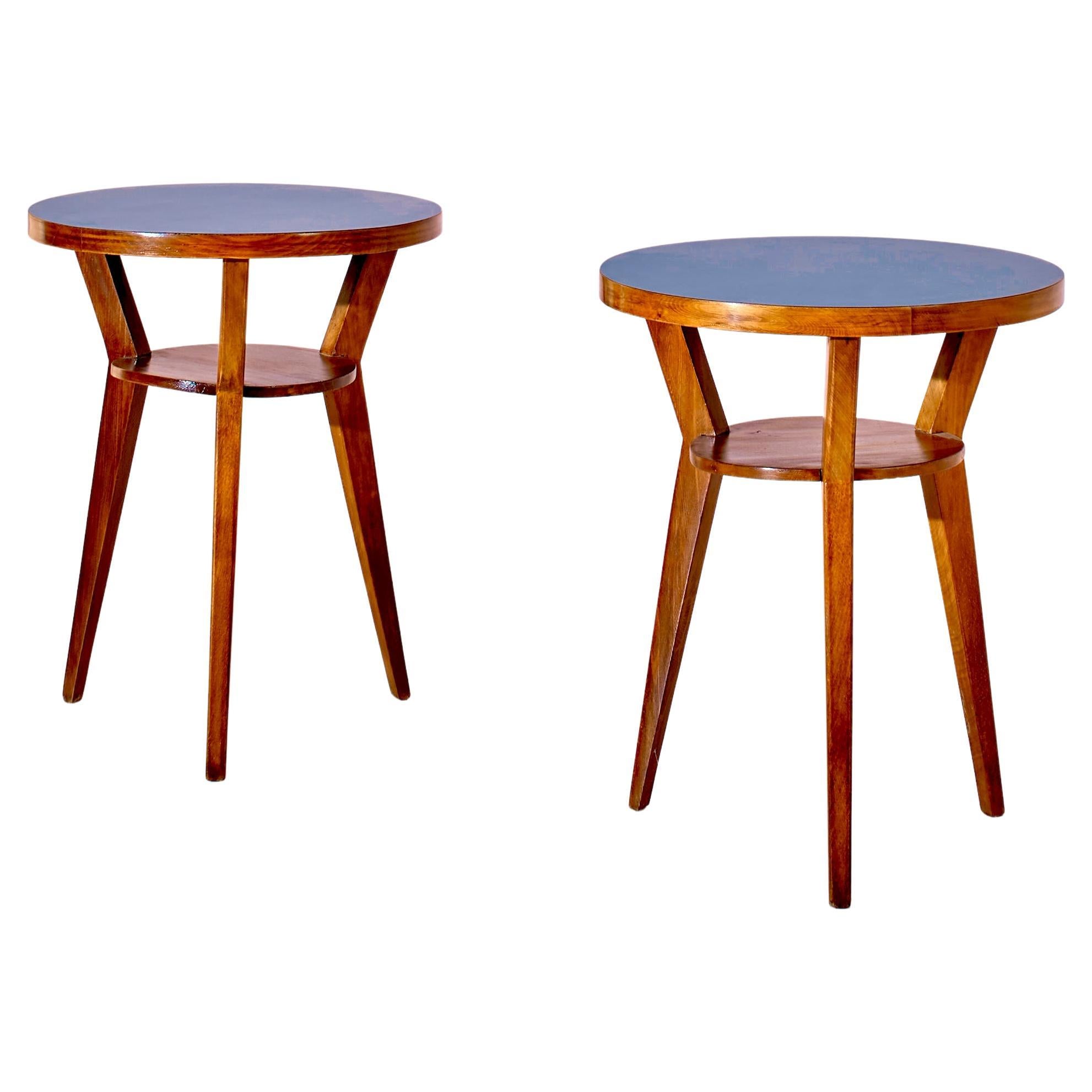 Gio Ponti pair of walnut and blue formica occasional tables, Italy, circa 1950