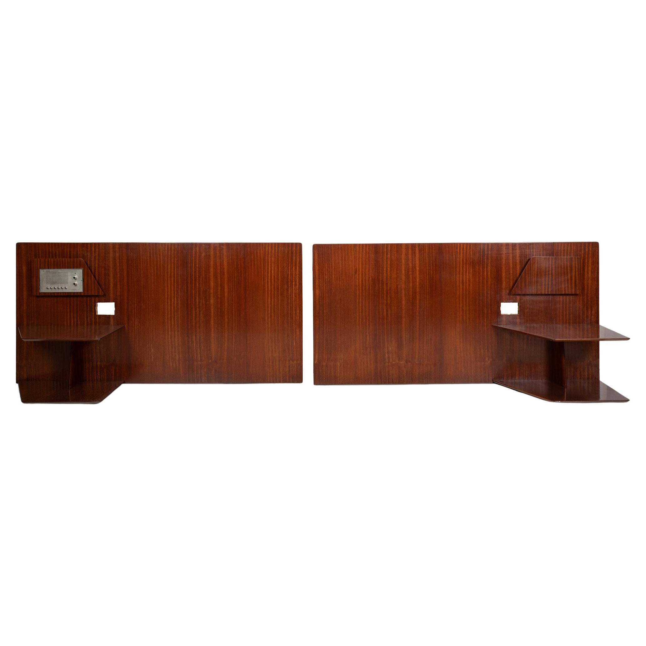 Gio Ponti, pair  Walnut Headboards with fitted bedside tables, Hotel Royal, 1955 For Sale
