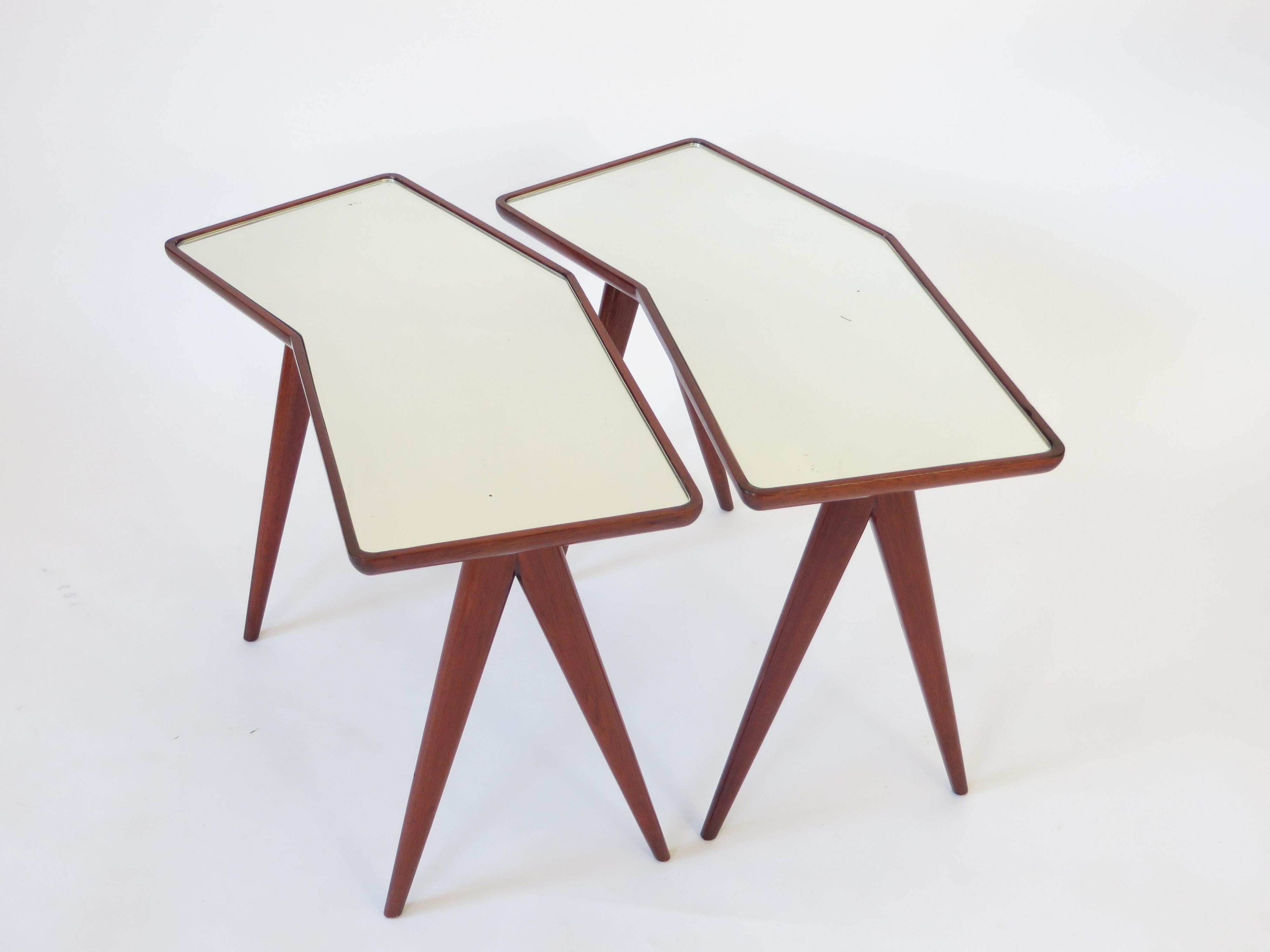 Italian Gio Ponti Pietro Chiesa Side Tables Mirrored Glass Tops Asymmetrical Form For Sale