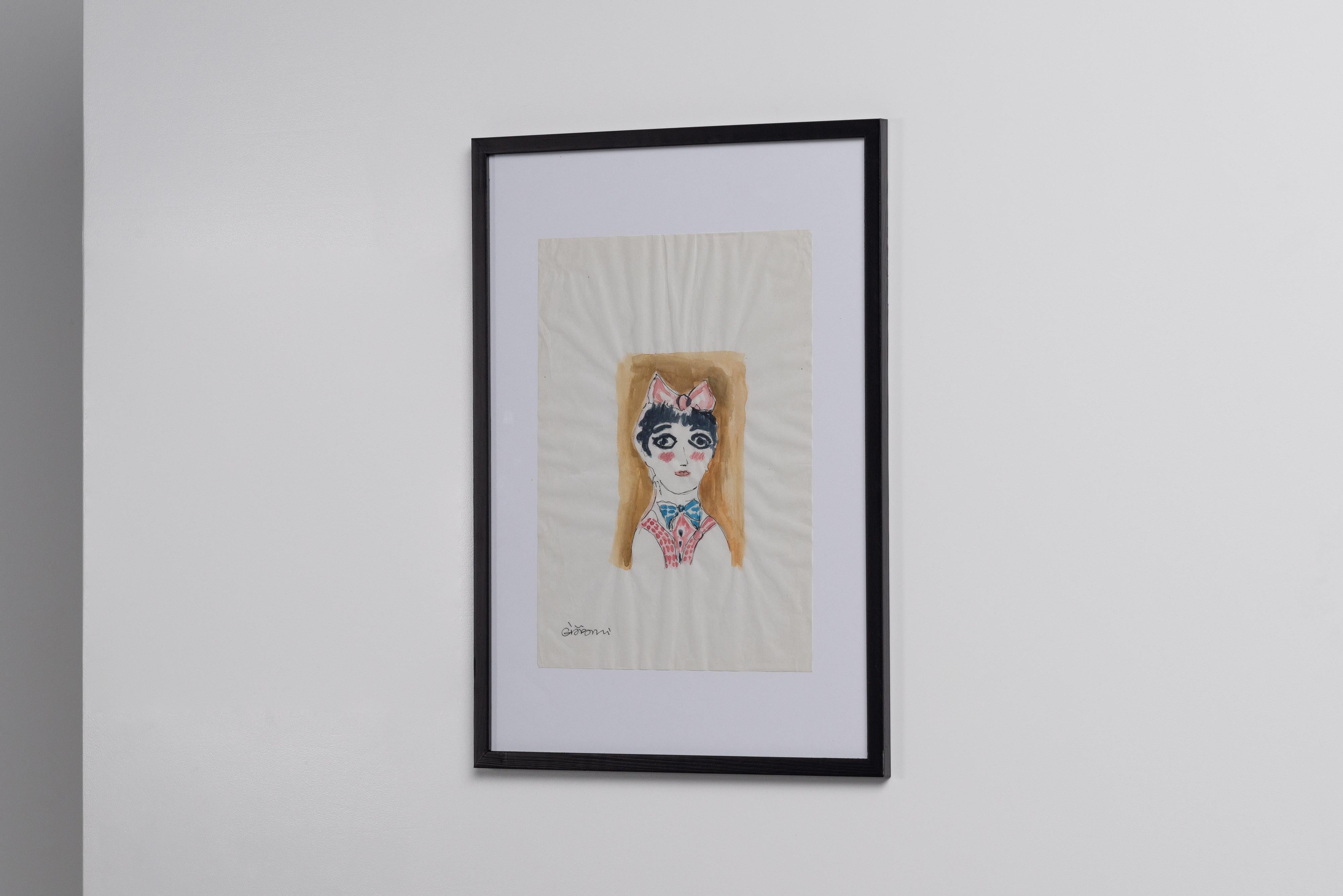 Cette esquisse originale de Gio Ponti, créée dans les années 1950 comme portrait d'une jeune fille pour une sculpture en terre cuite, est une pièce rare et captivante de l'histoire du design. Réalisé sur papier, le dessin témoigne de l'éclat
