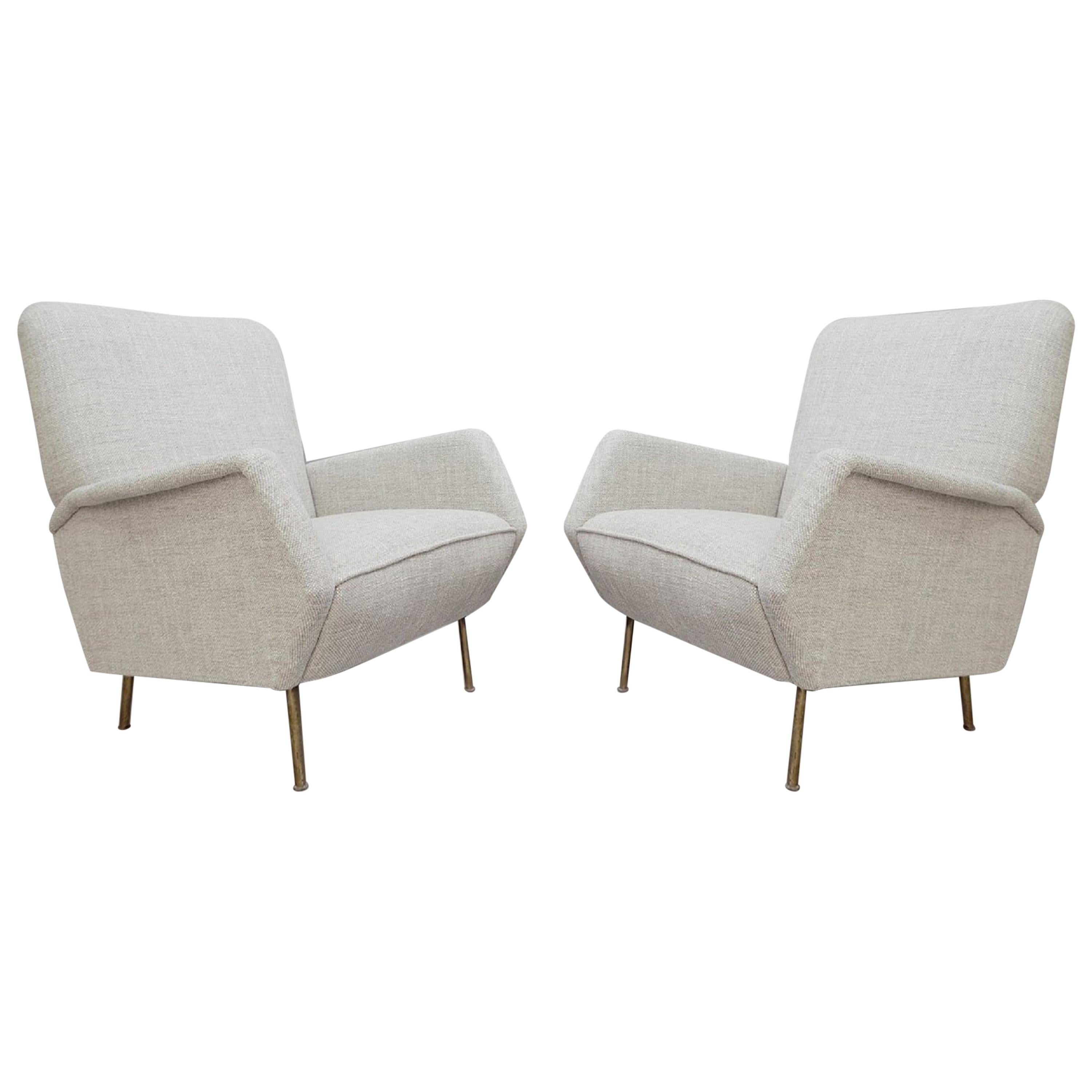 Gio Ponti Rare Model 803 Version with Brass Feet Armchairs, New Light Gray Marl For Sale
