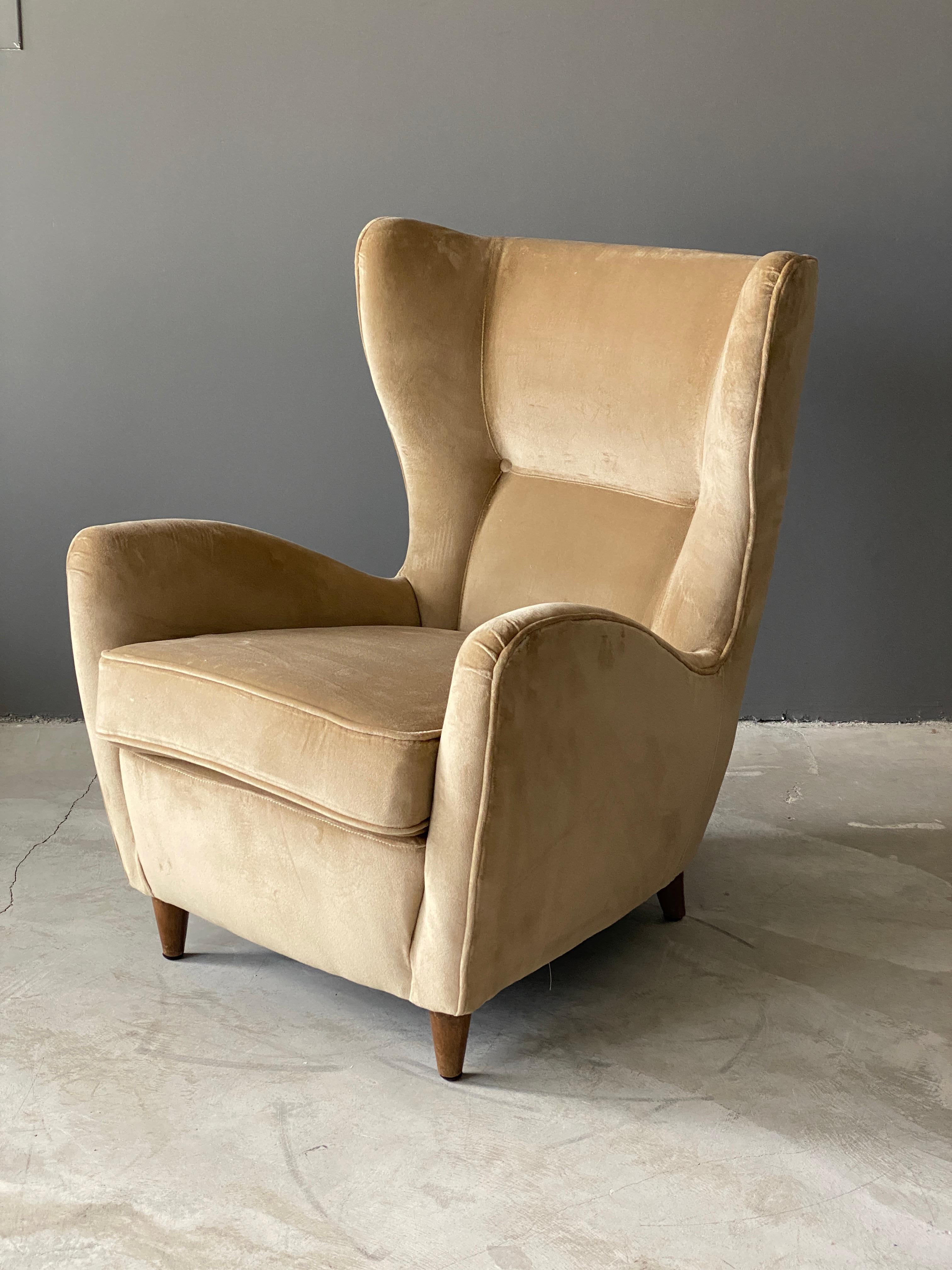 Mid-Century Modern Gio Ponti, Rare Organic Lounge Chair, Dark Stained Oak, Velvet, Italy, 1940s