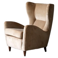 Gio Ponti, Rare Organic Lounge Chair, Dark Stained Oak, Velvet, Italy, 1940s