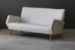 Gio Ponti Rare Production Settee or Sofa, White Fabric Oak, Asko, Finland, 1950s