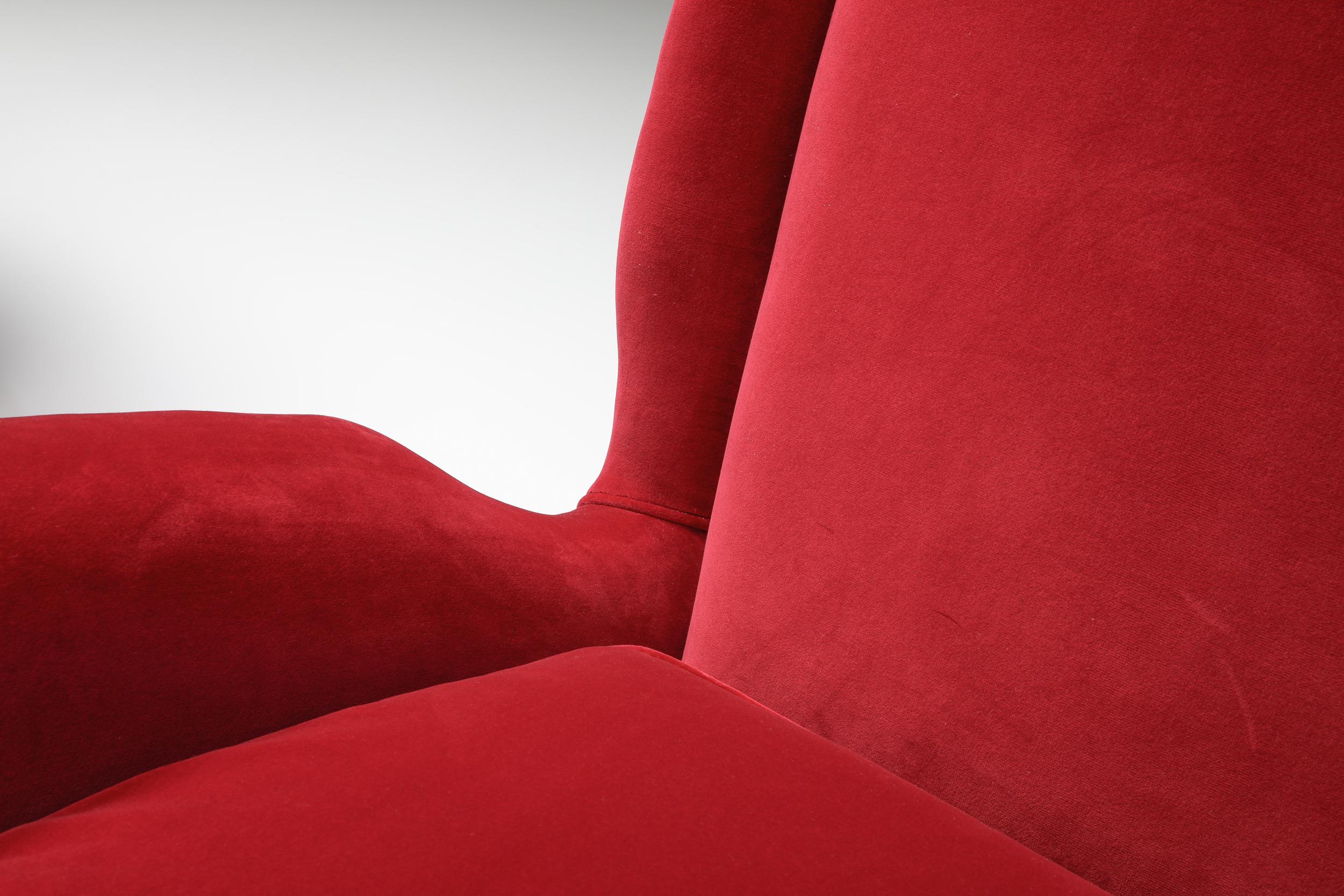 Brass Italian Wingback Armchair in Red Velvet by Gio Ponti, 1950s For Sale