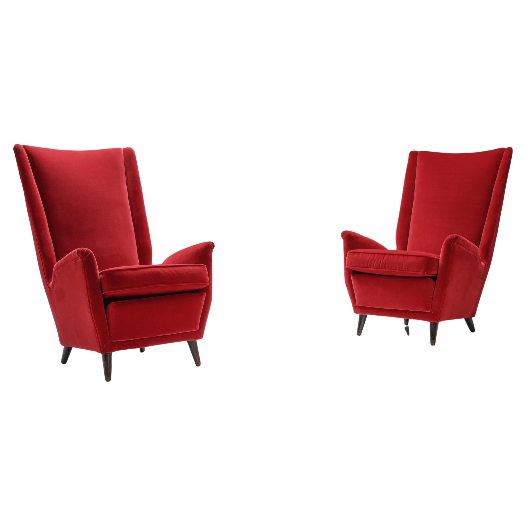 Italian Wingback Armchair in Red Velvet by Gio Ponti, 1950s For Sale