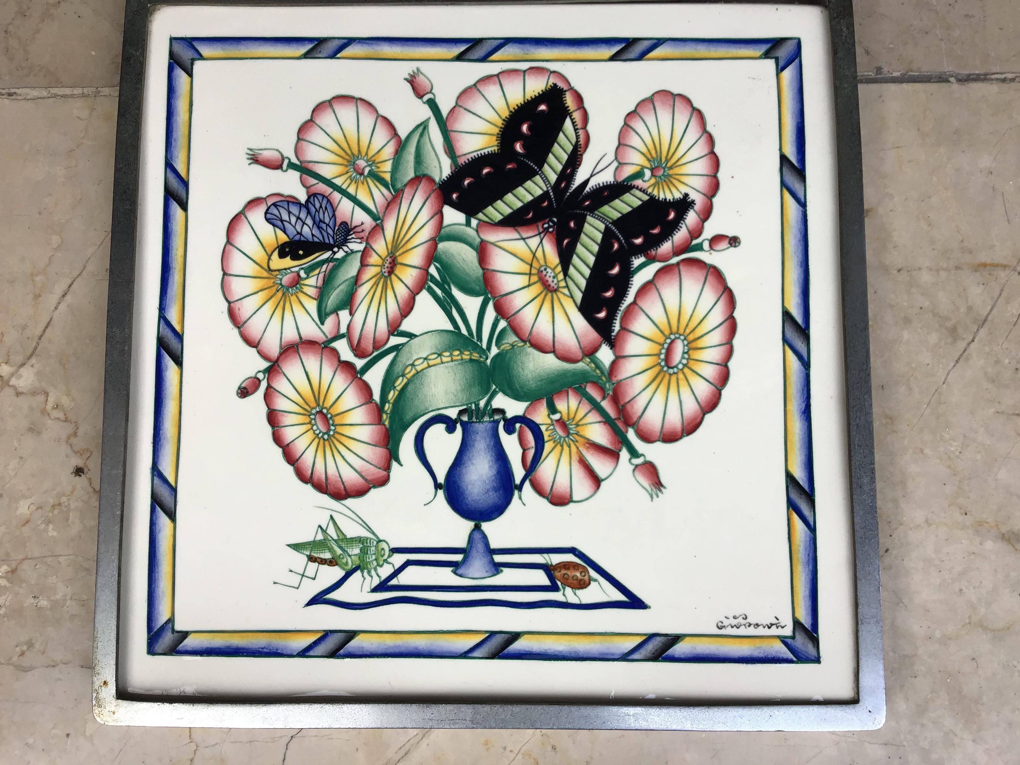 Gio Ponti Richard Ginori San Cristoforo ceramic tile 1930, with polychrome decorations depicting flowers pot with insects, Italy.