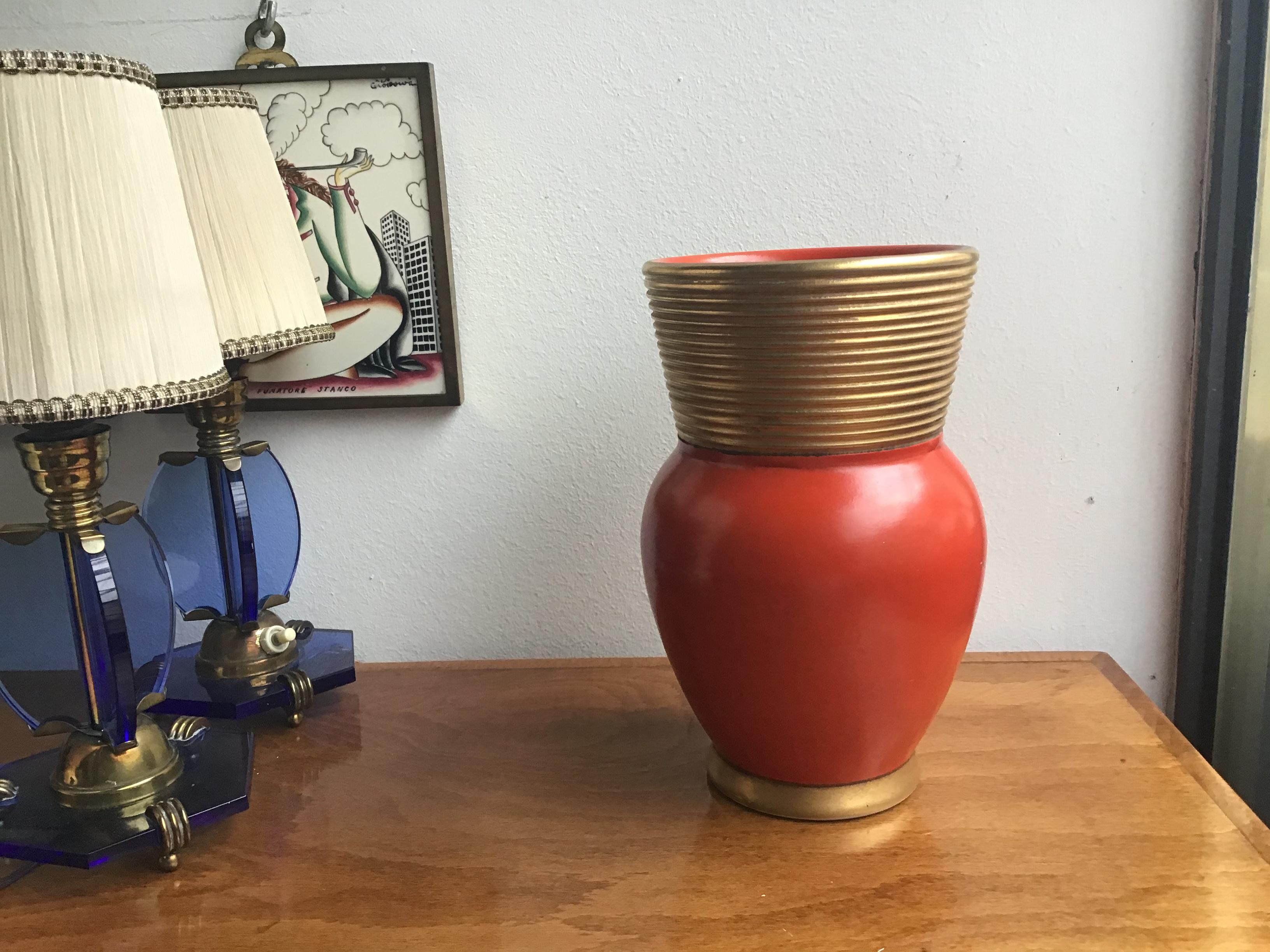 Gio Ponti Richard Ginori vase ceramic gold red 1940 Italy.