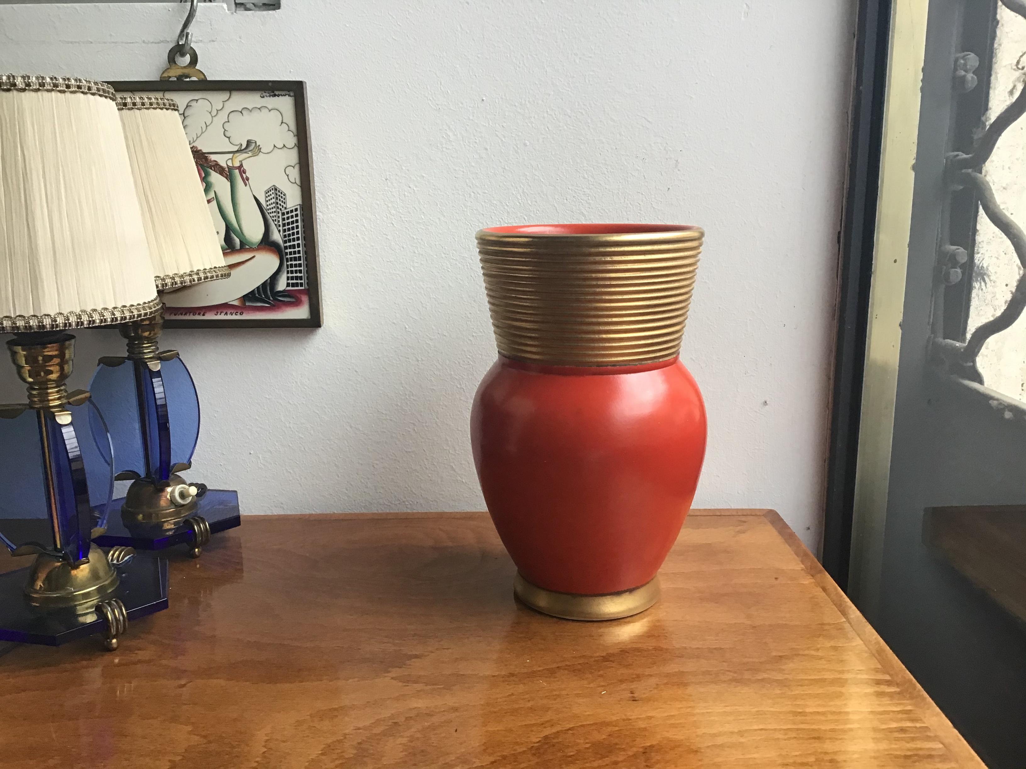 Other Gio Ponti Richard Ginori Vase Ceramic Gold Red, 1940, Italy For Sale