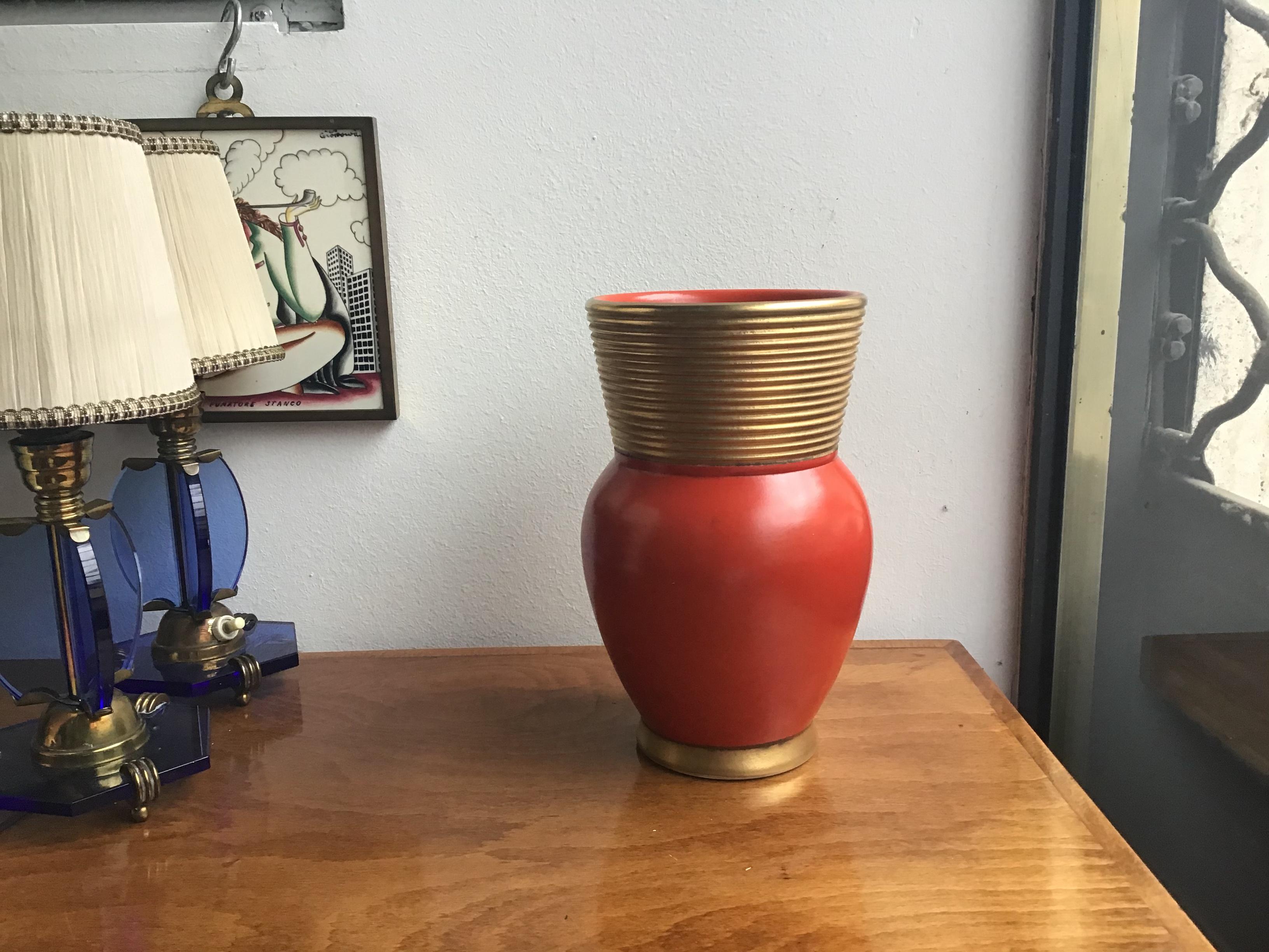 Italian Gio Ponti Richard Ginori Vase Ceramic Gold Red, 1940, Italy For Sale