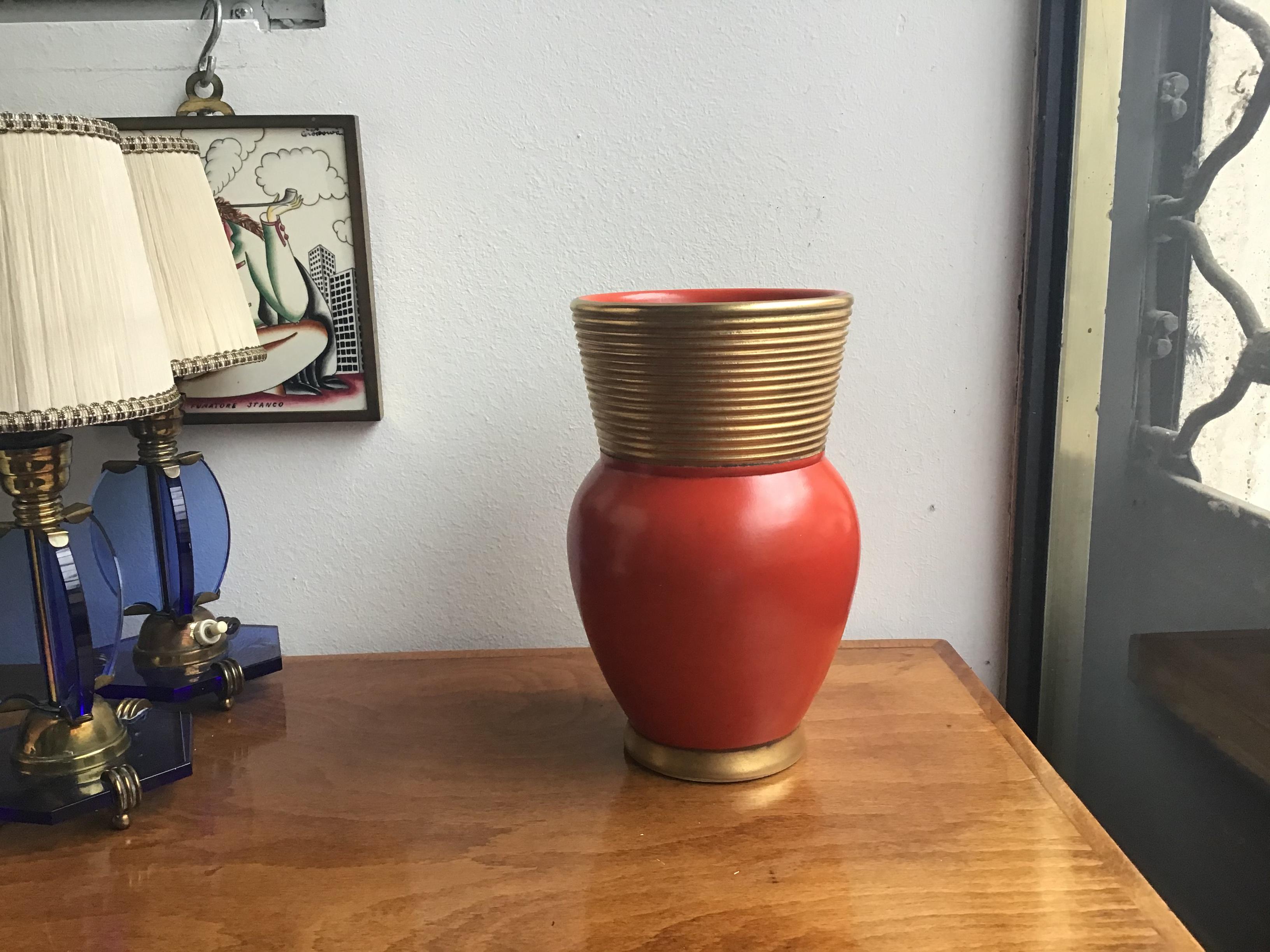 Mid-20th Century Gio Ponti Richard Ginori Vase Ceramic Gold Red, 1940, Italy For Sale
