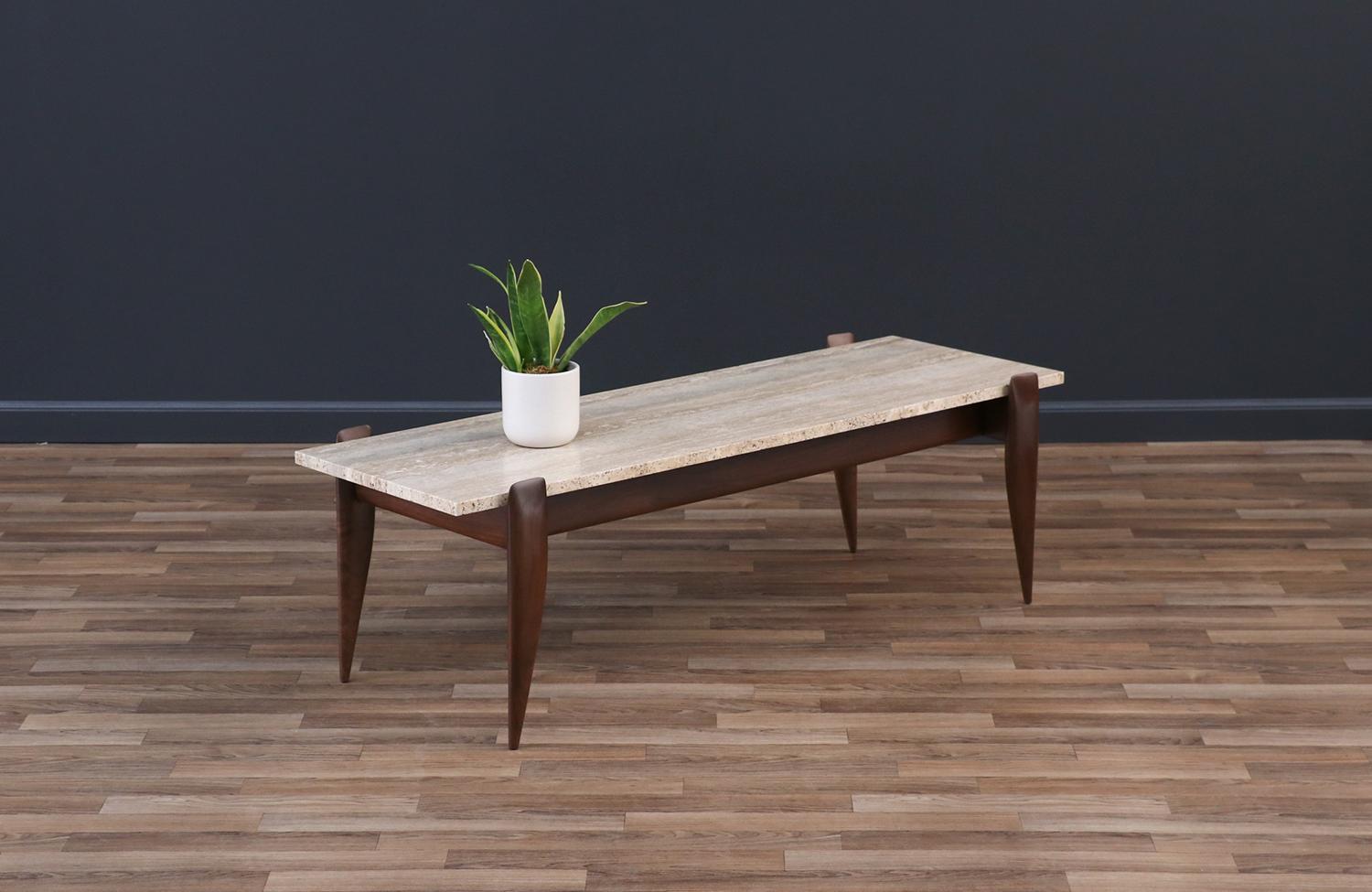 Mid-Century Modern Expertly Restored - Gio Ponti Sculpted Walnut & Travertine Coffee Table For Sale