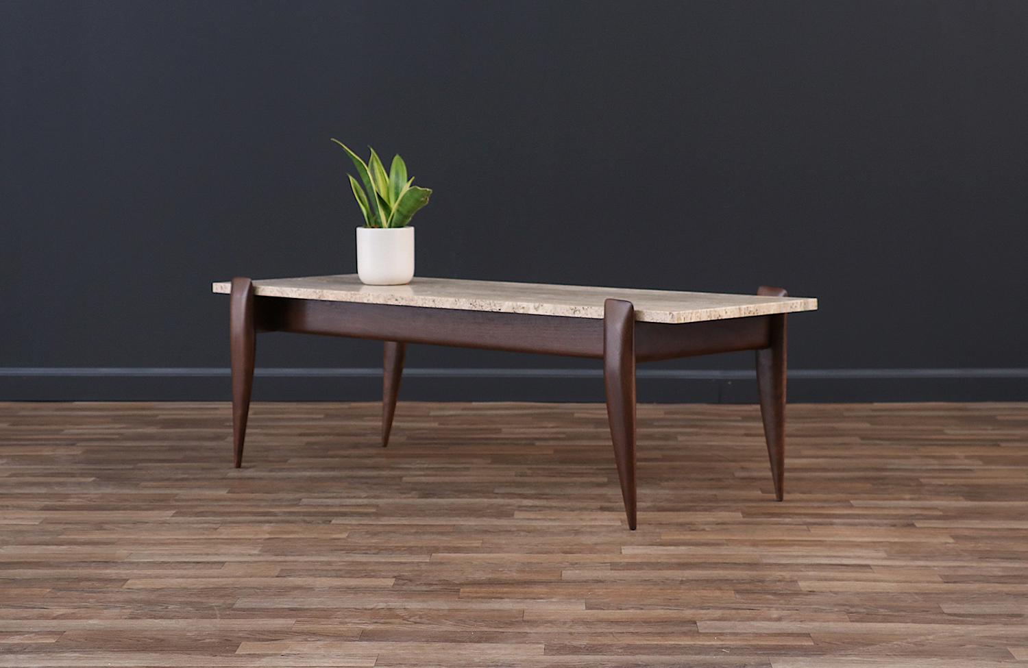 Italian Expertly Restored - Gio Ponti Sculpted Walnut & Travertine Coffee Table For Sale