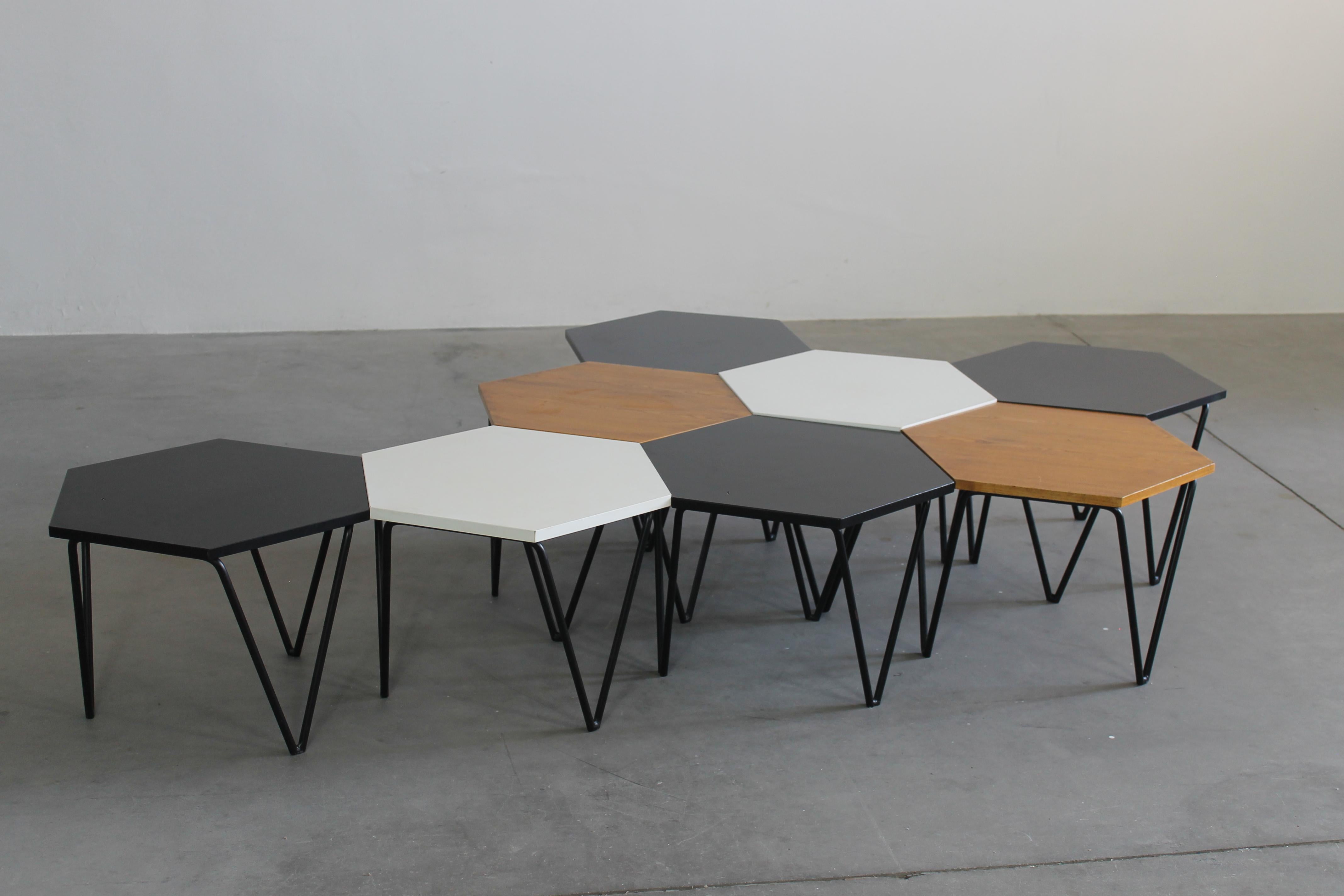 Set of three hexagonal coffee tables with legs in painted metal and wooden/laminate top, designed by Gio Ponti and produced by ISA, 1950s, Italy,
Literature: Fabio Fioroni, Alessandra Tavella, 1 x - Gio Ponti in Paris. Arredi di design
1930 - 1970,