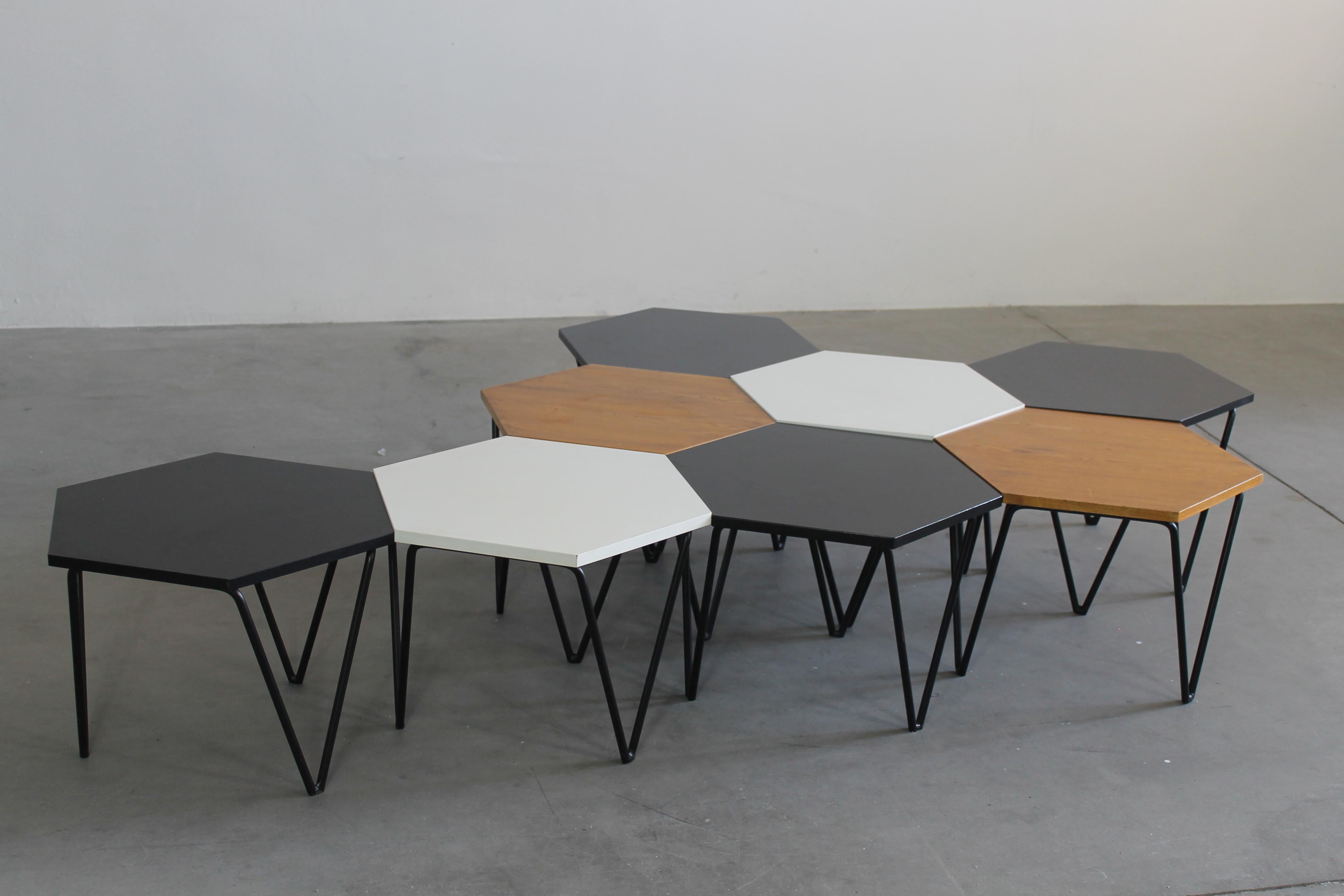 Mid-Century Modern Gio Ponti Set of Eight Hexagonal Coffee Tables in Wood and Metal I.S.A. 1950s For Sale