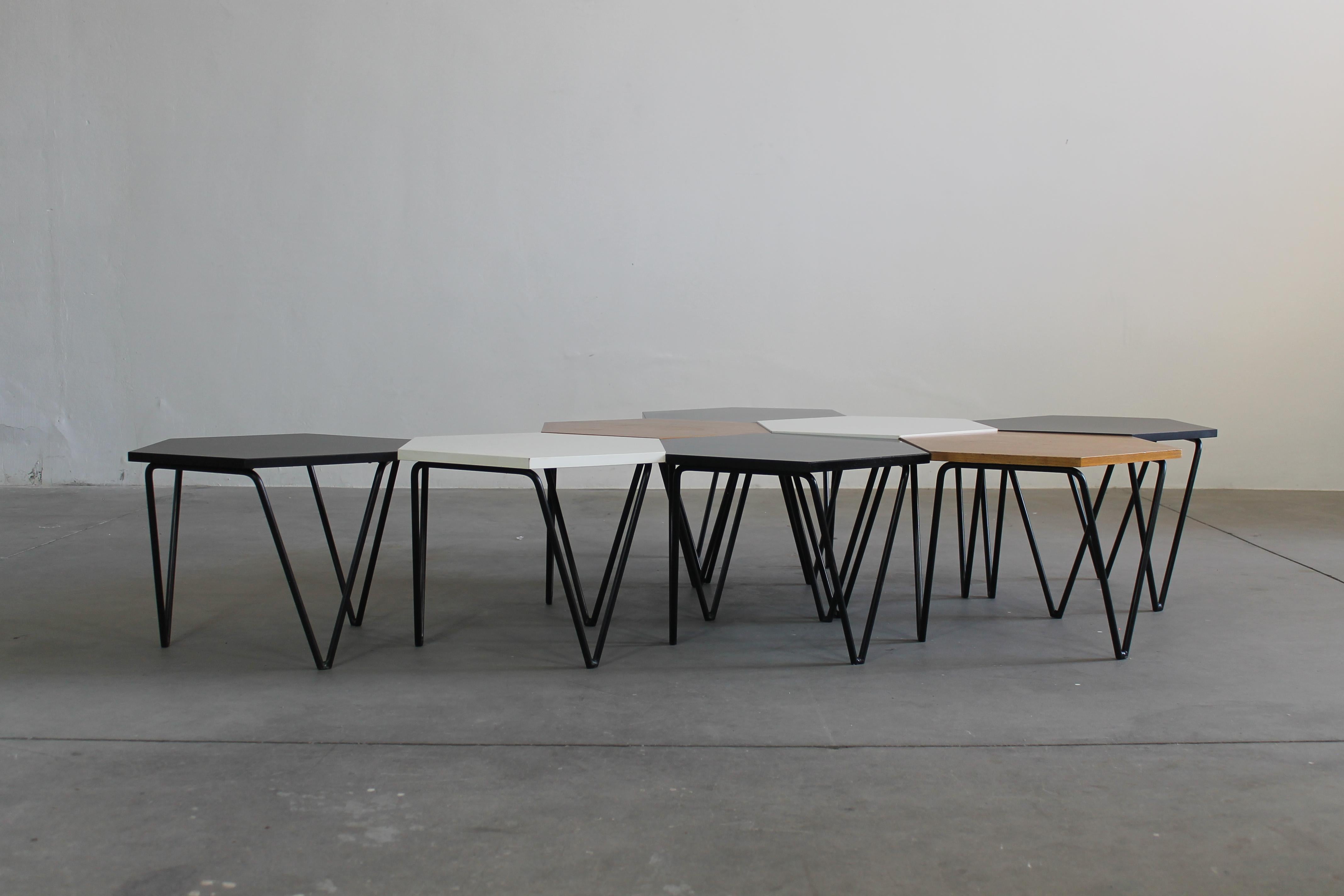 Italian Gio Ponti Set of Eight Hexagonal Coffee Tables in Wood and Metal I.S.A. 1950s For Sale