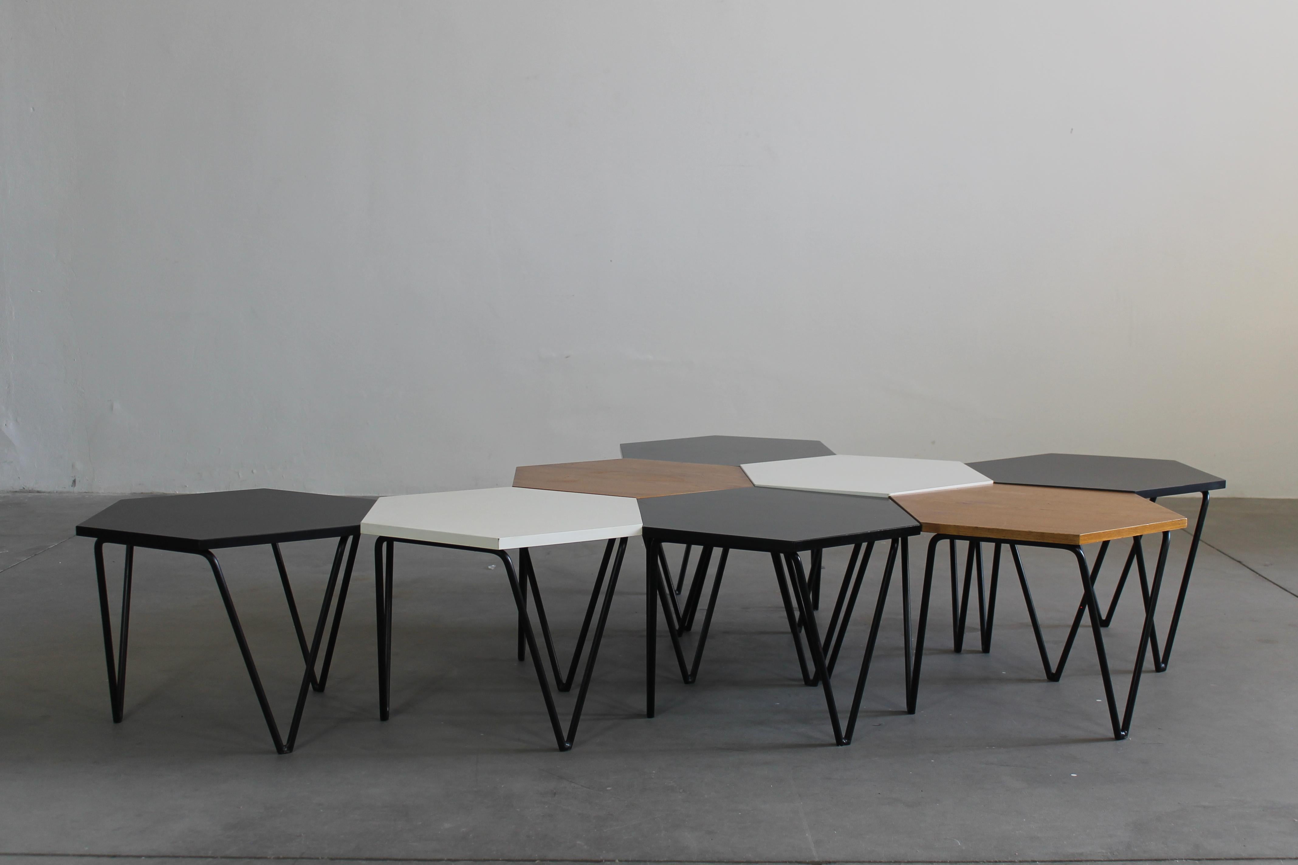 Lacquered Gio Ponti Set of Eight Hexagonal Coffee Tables in Wood and Metal I.S.A. 1950s For Sale