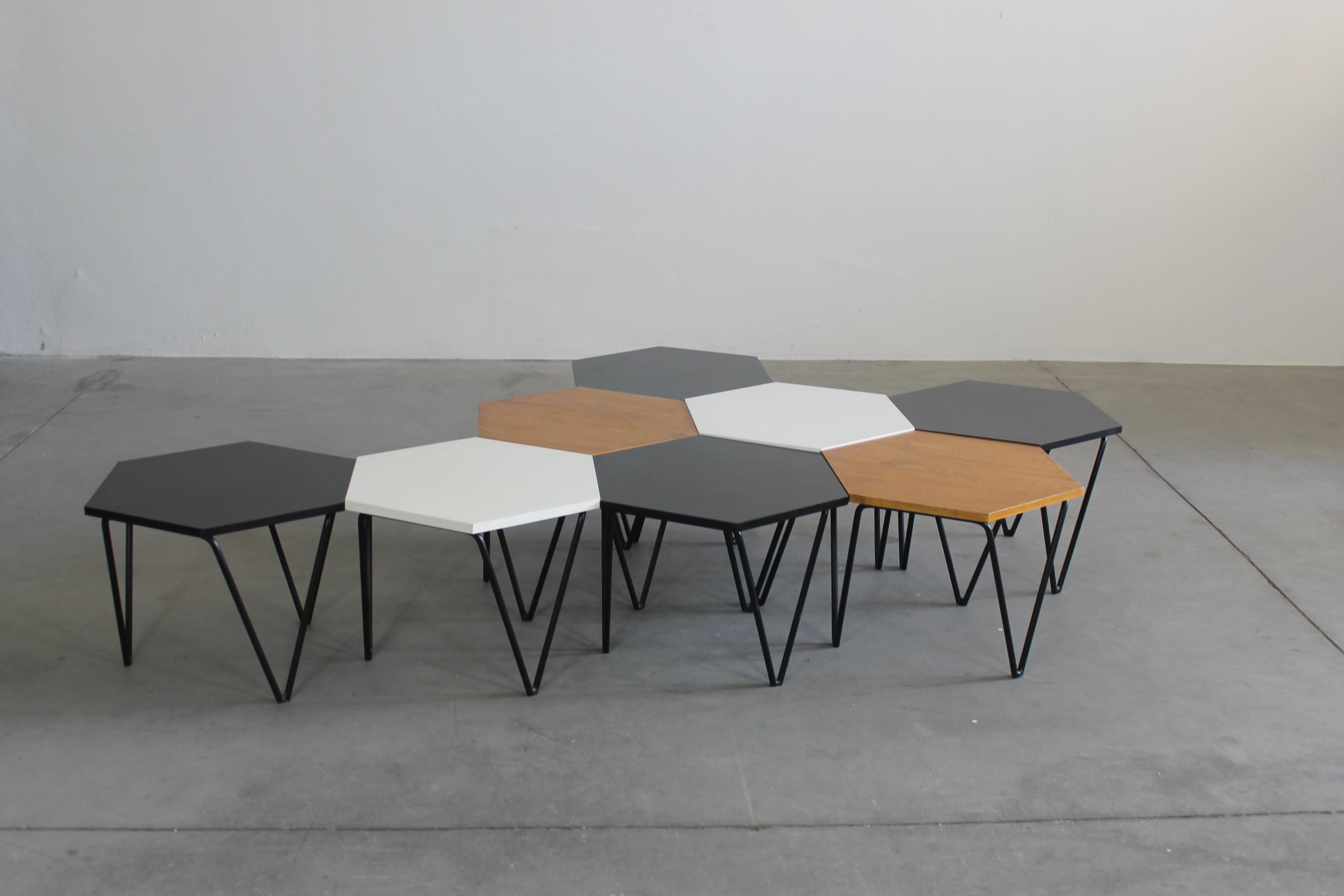 Mid-20th Century Gio Ponti Set of Eight Hexagonal Coffee Tables in Wood and Metal I.S.A. 1950s For Sale