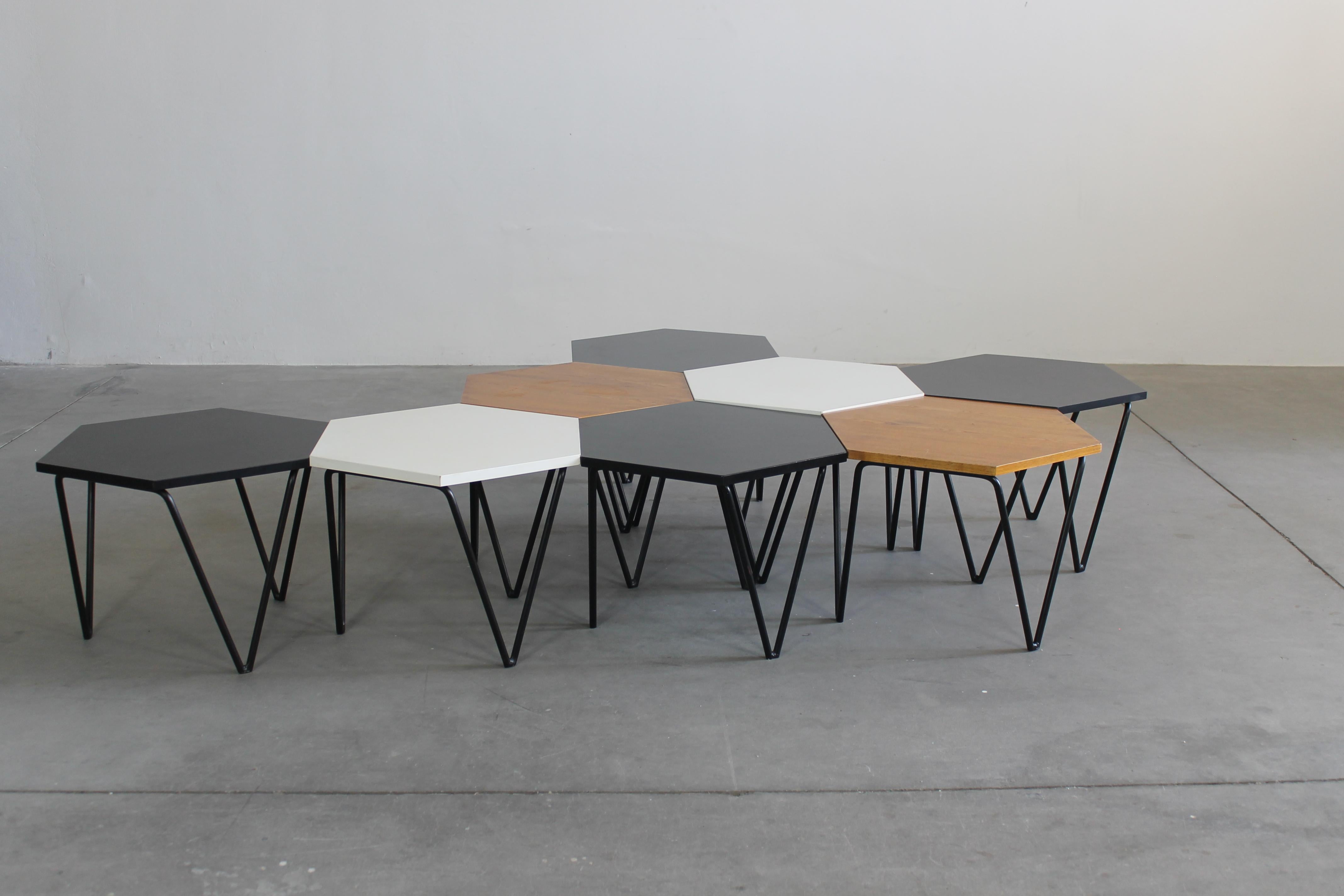 Gio Ponti Set of Eight Hexagonal Coffee Tables in Wood and Metal I.S.A. 1950s For Sale 1
