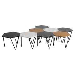 Gio Ponti Conjunto de ocho mesas de centro hexagonales de madera y metal I.S.A. Años 50