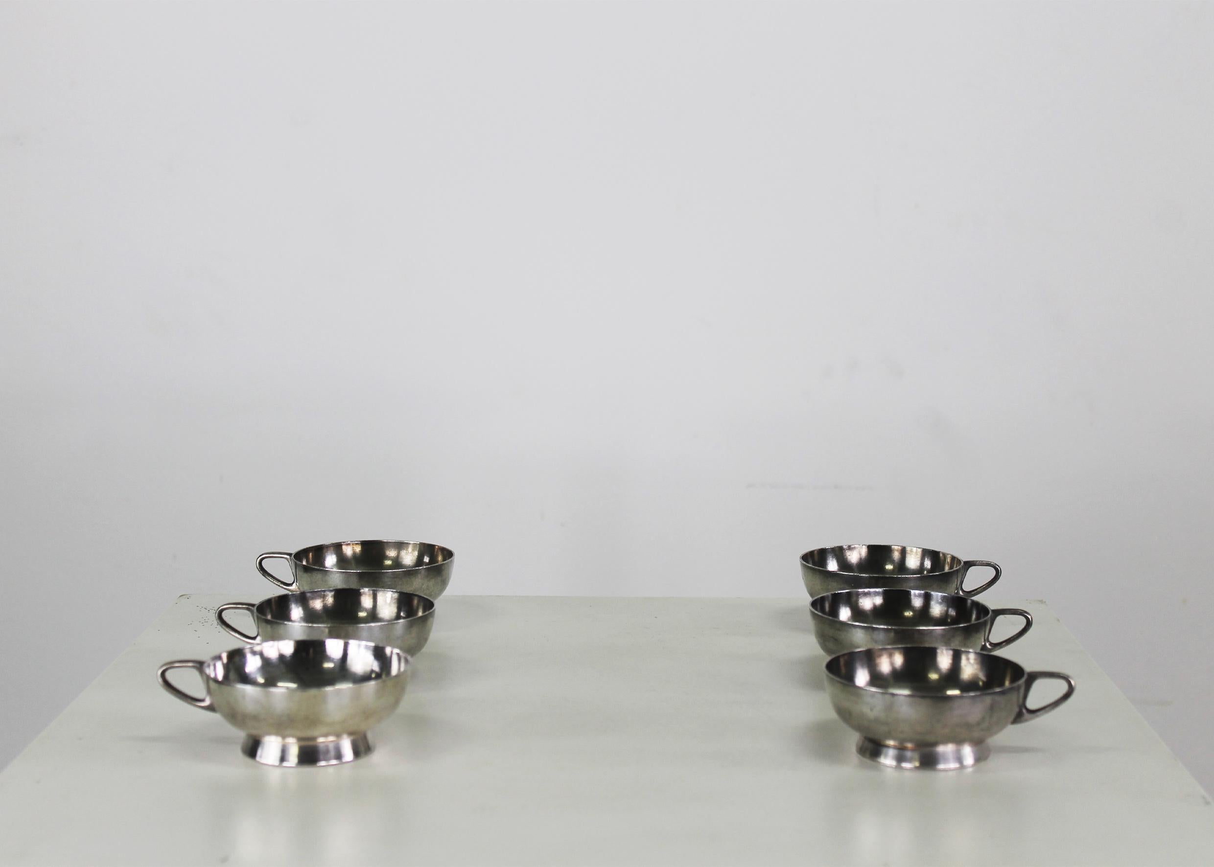 Mid-Century Modern Gio Ponti ensemble de six tasses en alpagacca argentée pour Fratelli Calderoni 1950 en vente