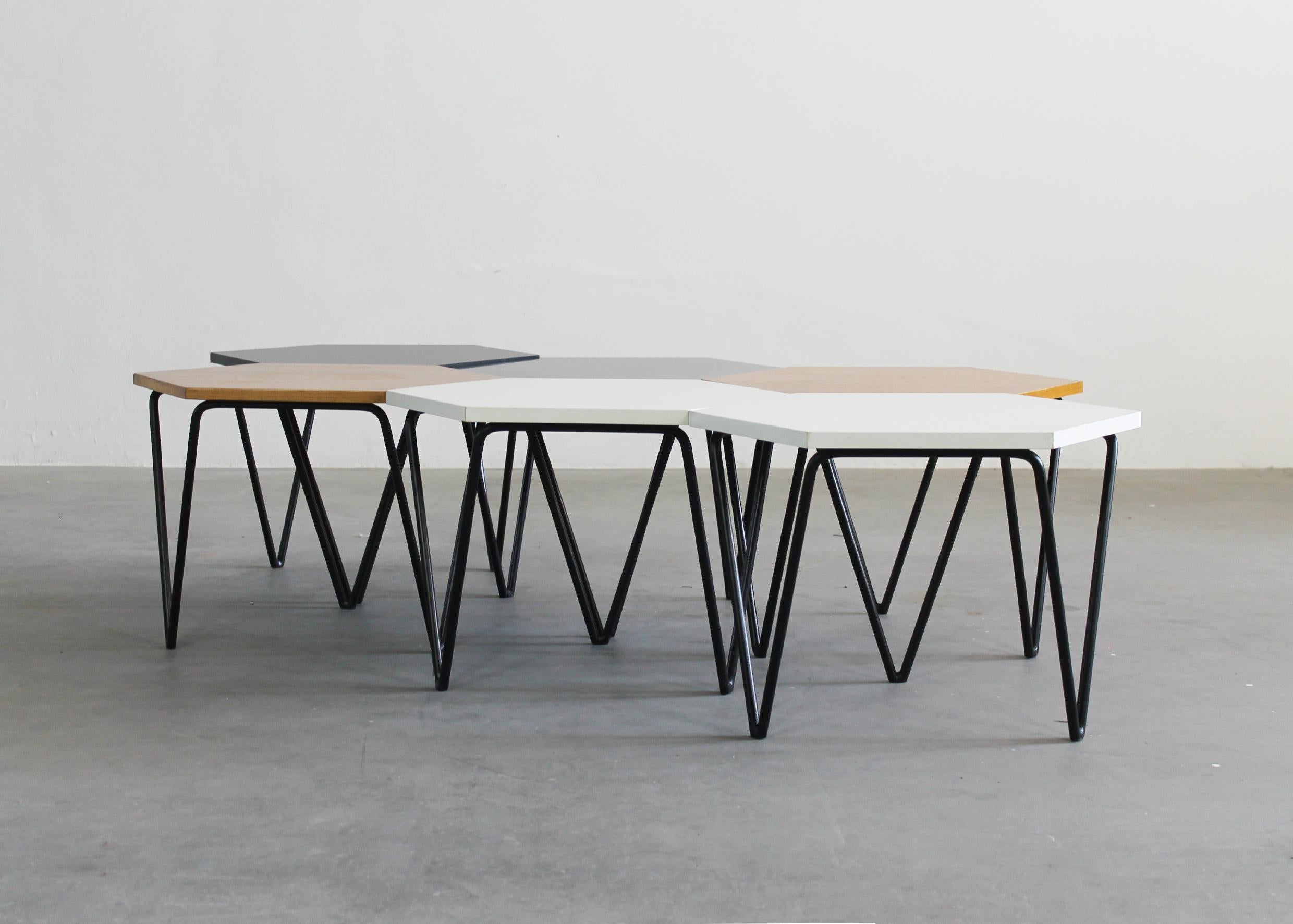 Gio Ponti Set of Six Hexagonal Coffee Tables in Wood and Metal I.S.A. 1950s For Sale 3
