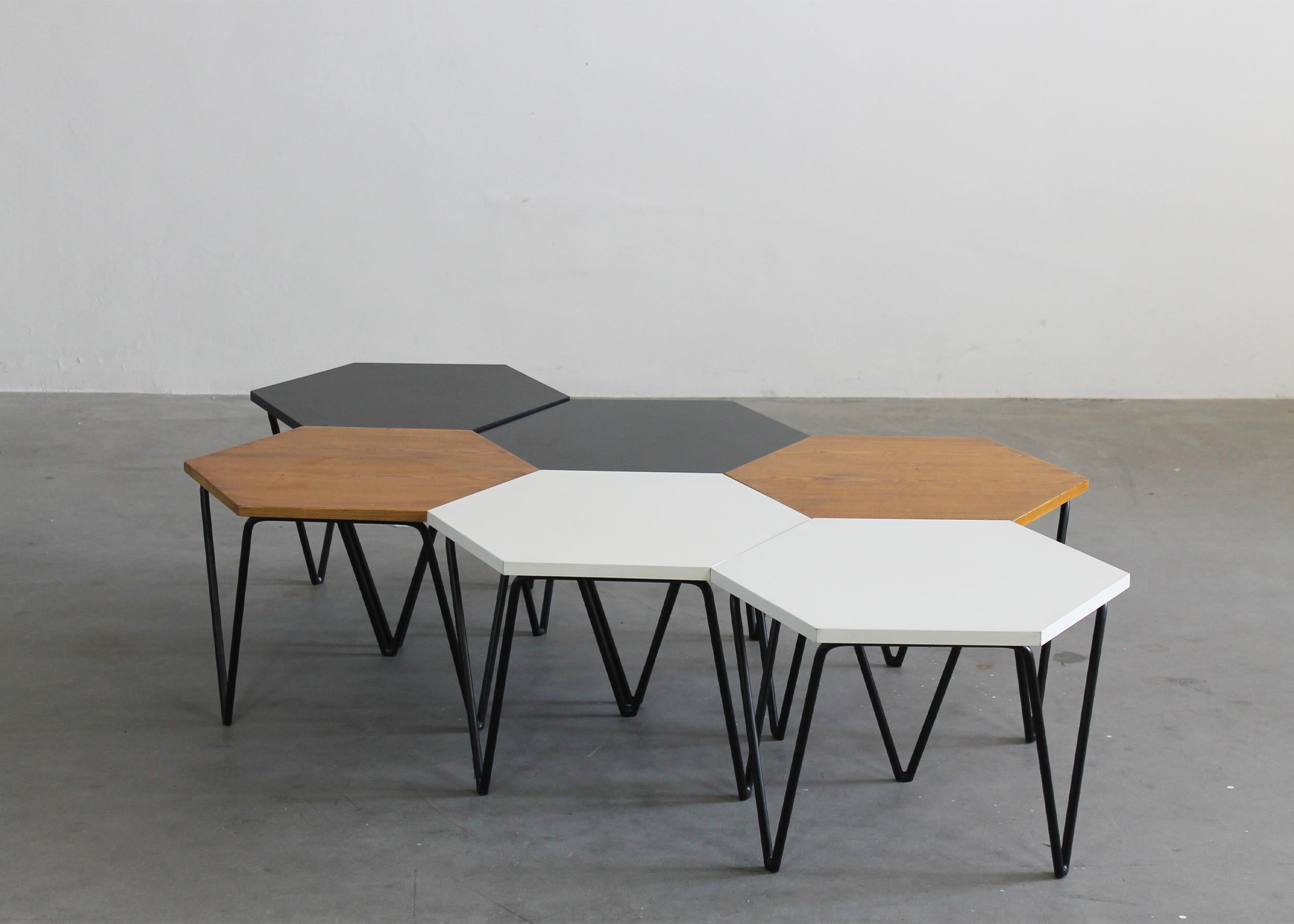 Set of three hexagonal coffee tables with legs in painted metal and wooden/laminate top, designed by Gio Ponti and produced by ISA, 1950s, Italy,
Literature: Fabio Fioroni, Alessandra Tavella, 1 x - Gio Ponti in Paris. Arredi di design
1930 - 1970,