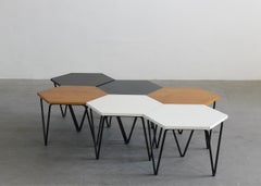 Gio Ponti Set of Six Hexagonal Coffee Tables in Wood and Metal I.S.A. 1950s