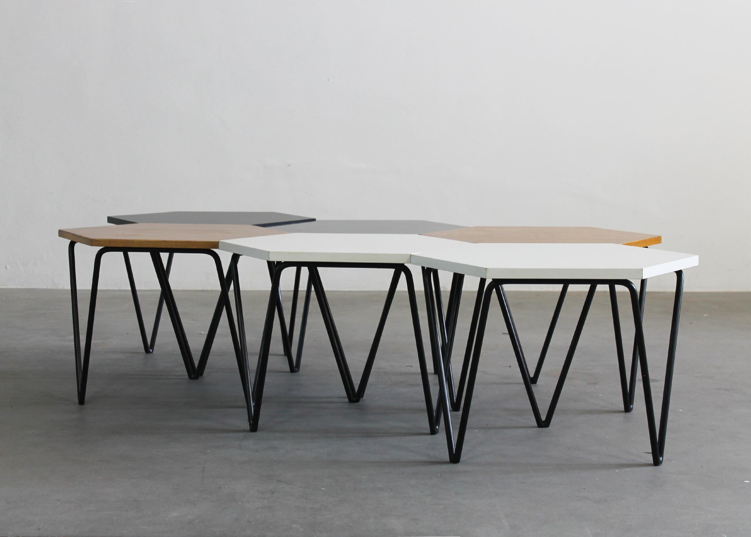 Mid-Century Modern Gio Ponti Set of Six Hexagonal Coffee Tables in Wood and Metal I.S.A. 1950s For Sale