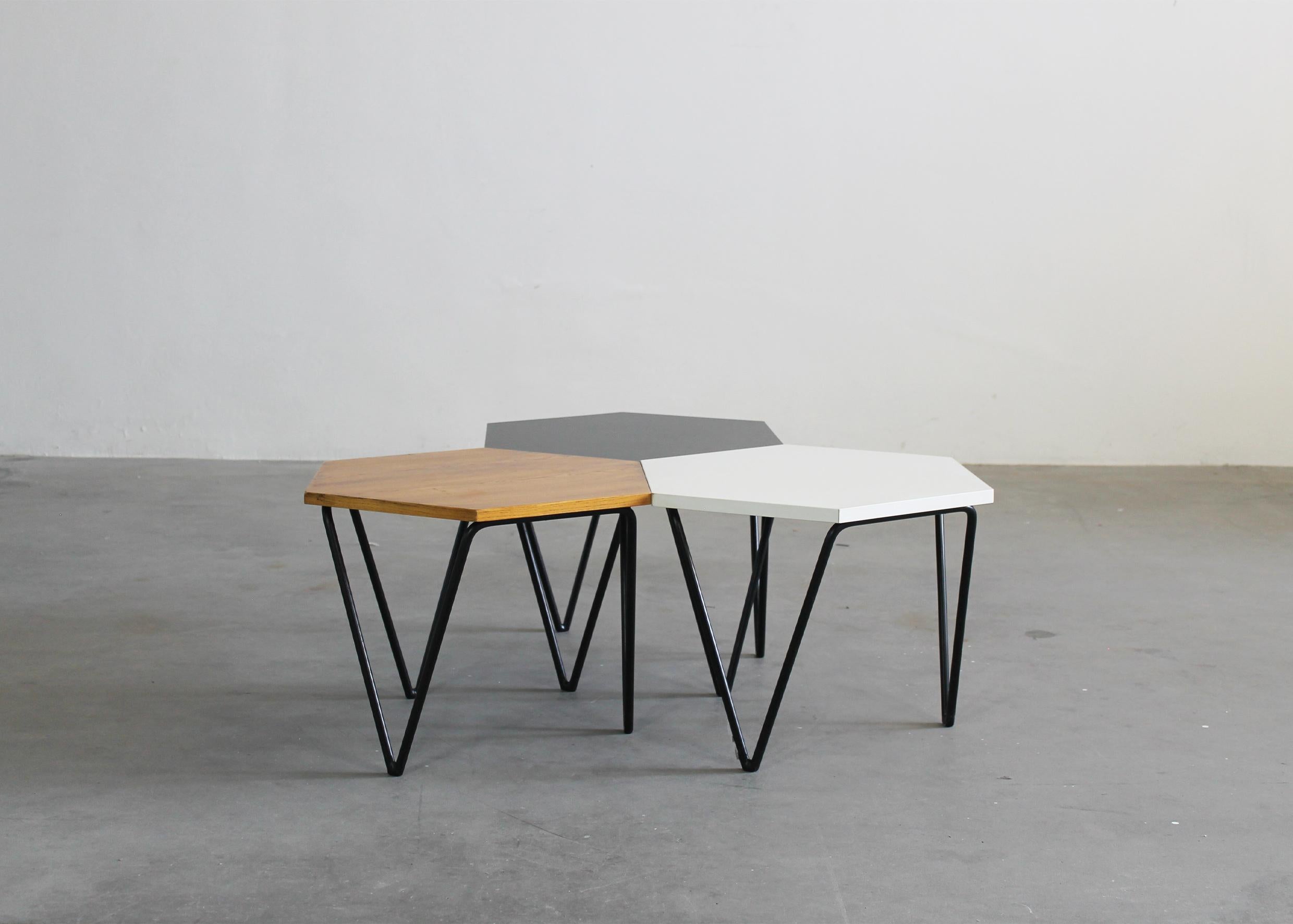 Mid-20th Century Gio Ponti Set of Six Hexagonal Coffee Tables in Wood and Metal I.S.A. 1950s For Sale