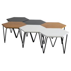 Gio Ponti Conjunto de seis mesas de centro hexagonales de madera y metal I.S.A. Años 50