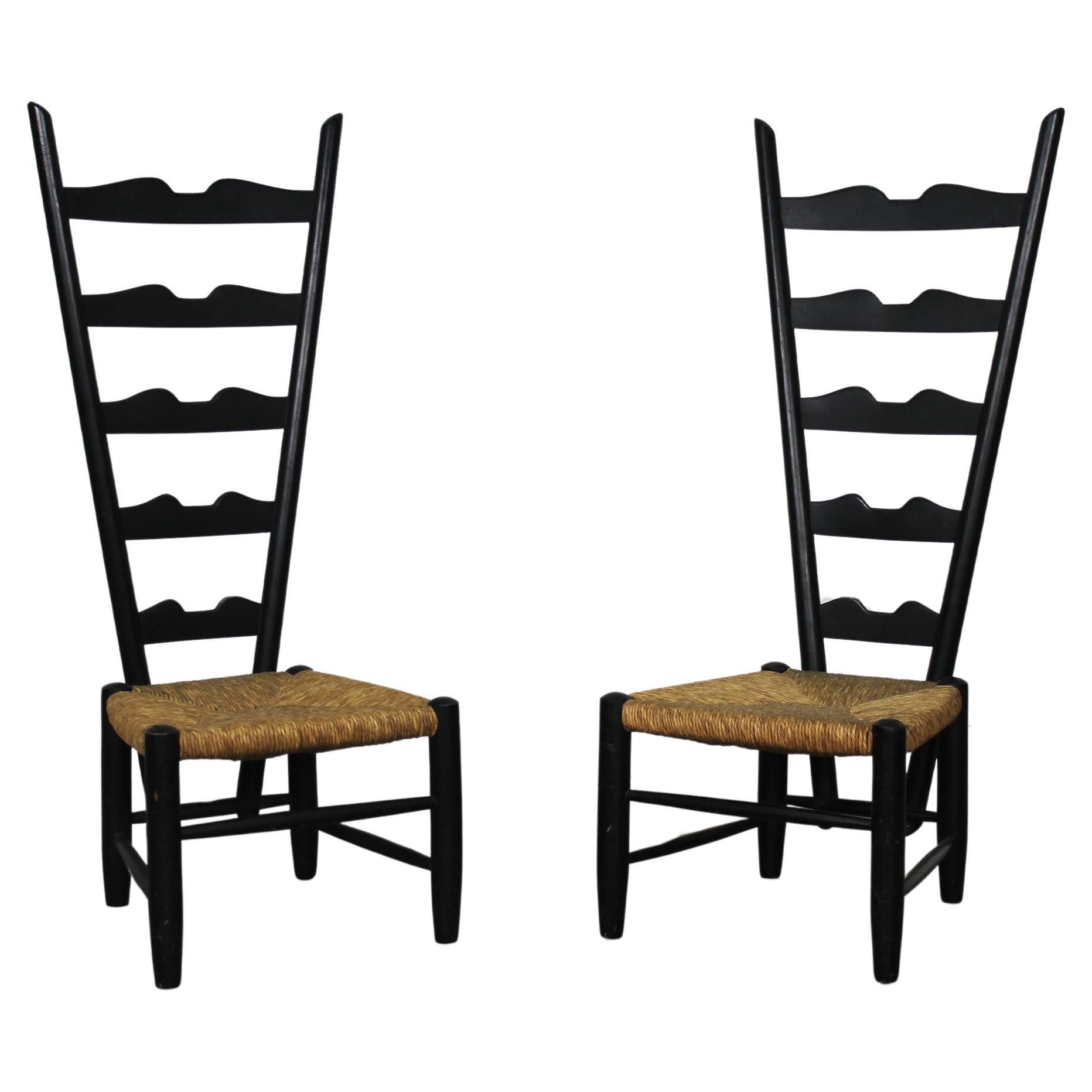 Gio Ponti Set of Two Fireside Chairs in Black Lacquered Wood and Rush 1950s For Sale