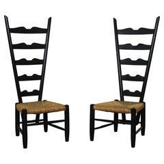 Gio Ponti Set of Two Fireside Chairs in Black Lacquered Wood and Rush 1950s