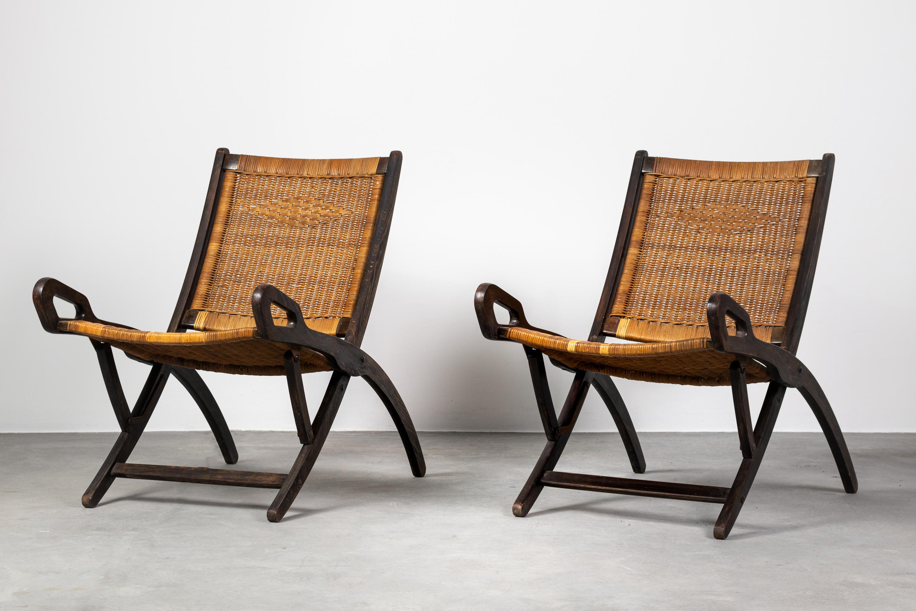 Mid-Century Modern Gio Ponti Set of Two Ninfea Chairs in Wood and Wicker by Reguitti 1960s Italy