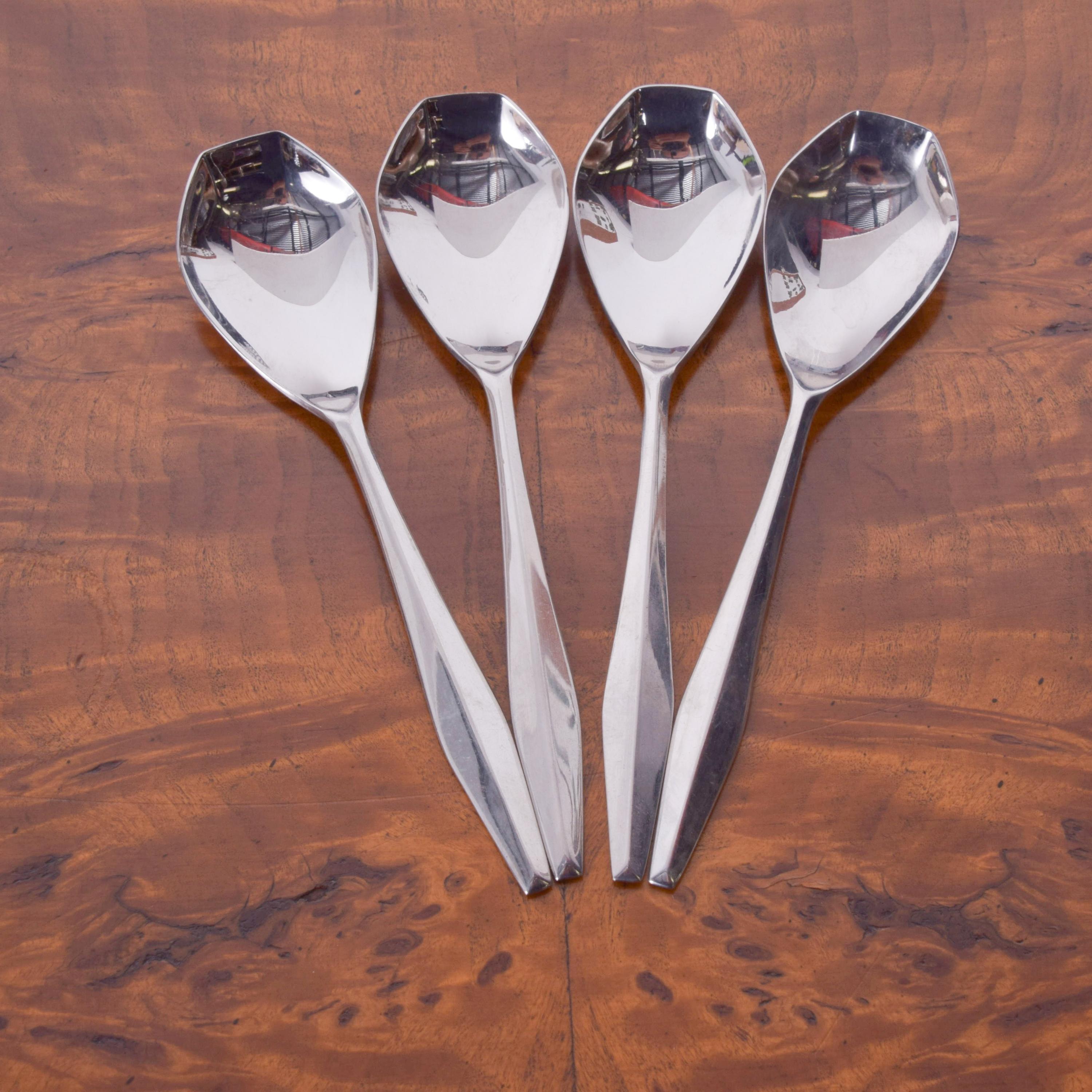 Italian designer Gio Ponti stainless flatware set of four diamond shape soup spoons designed for Reed & Barton, 1958
Measures: 7 1/2