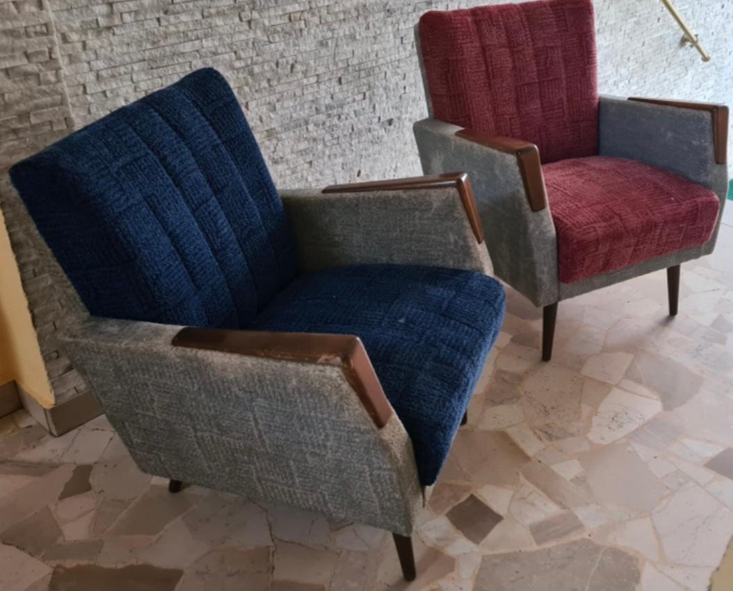 Italian Gio Ponti “Stile” Armchairs couples Wood stuffing Cloth, 1950, Italy For Sale