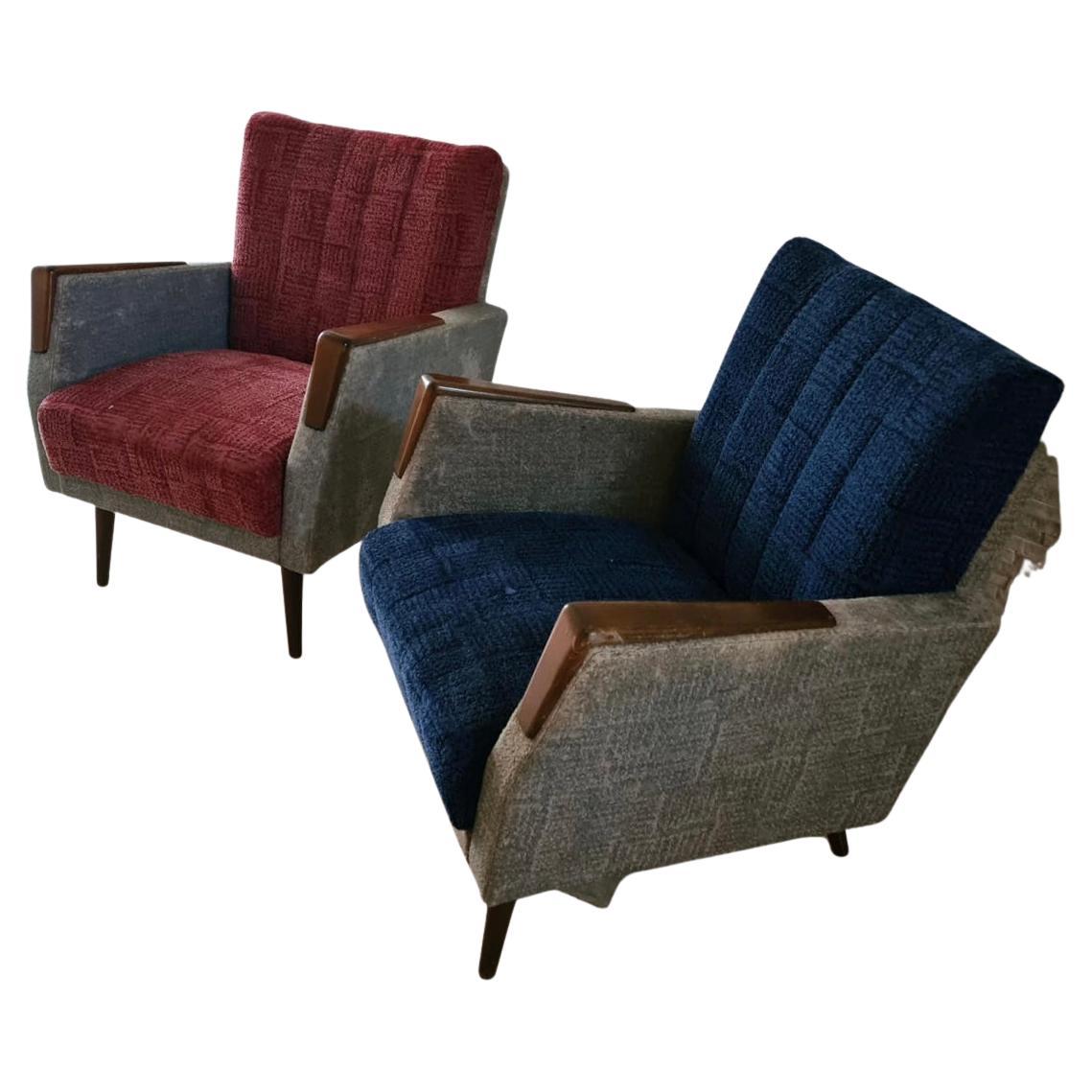Gio Ponti “Stile” Armchairs couples Wood stuffing Cloth, 1950, Italy For Sale