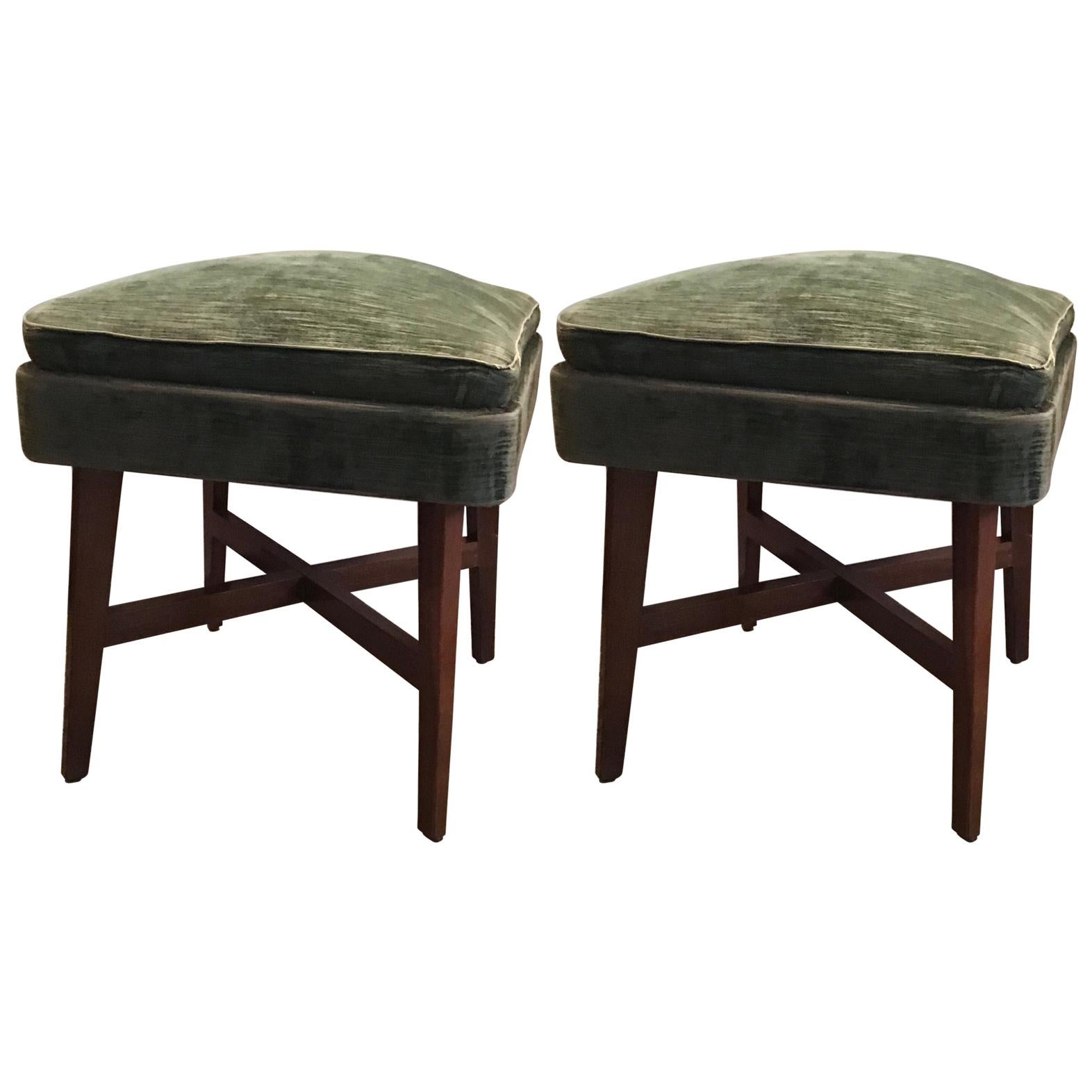 Gio Ponti “Stile” Pair of Benches /Stools Wood Seat Wood Velvet, 1950, Italy For Sale