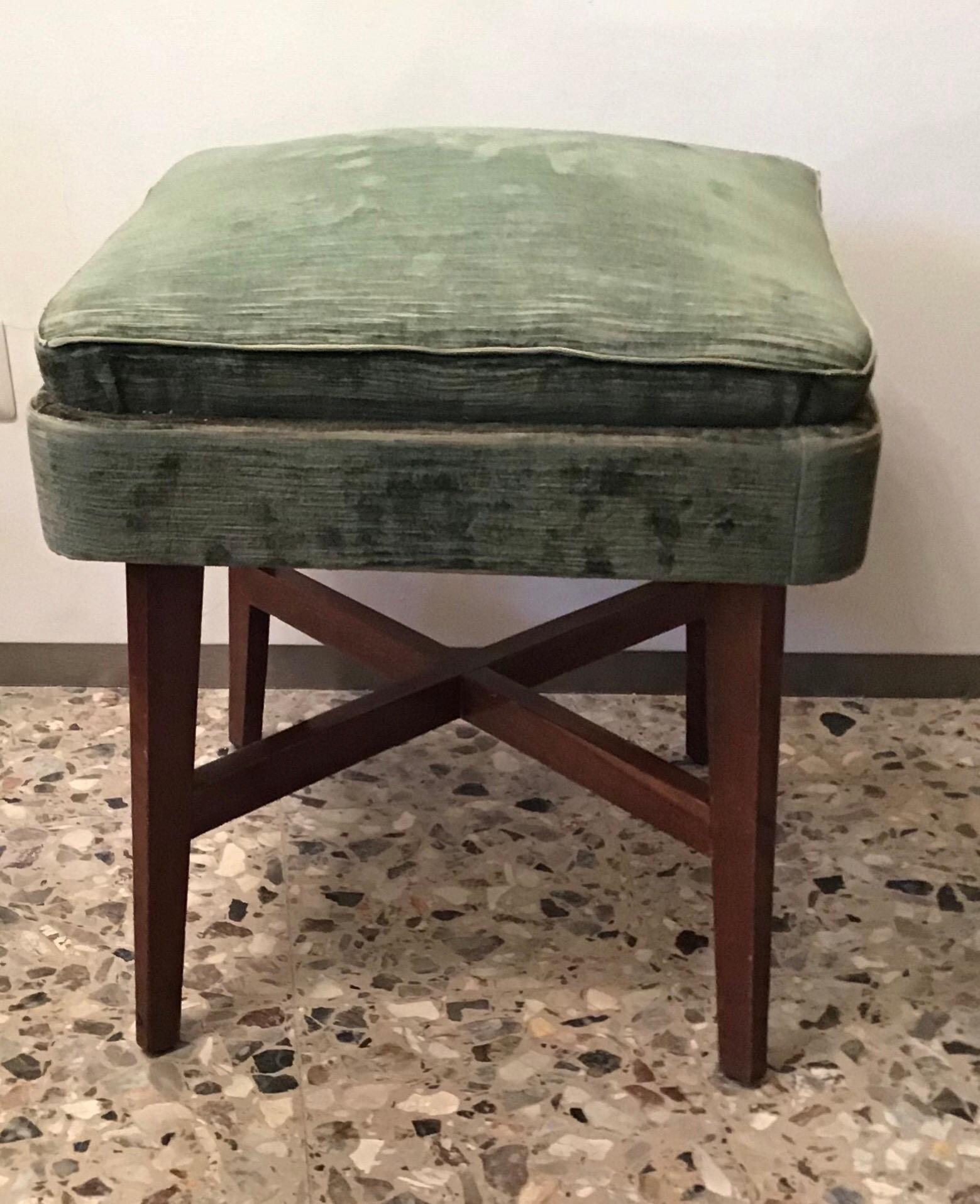 Gio Ponti “Stile” Pair of Benches /Stools Wood Seat Wood Velvet, 1950, Italy For Sale 4